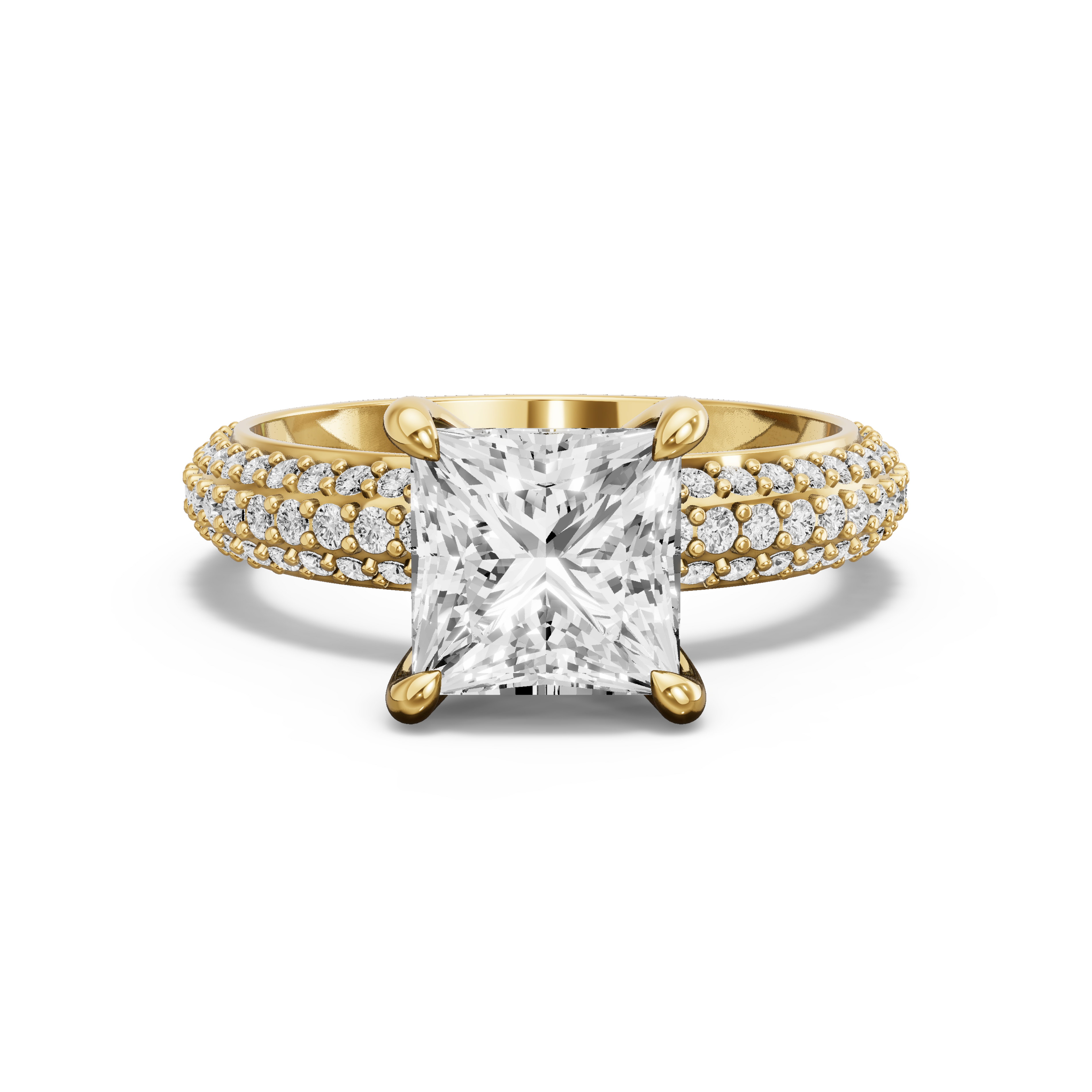 Image for Princess Four Prong Ring with Triple Row Pave band in 14K White Gold
