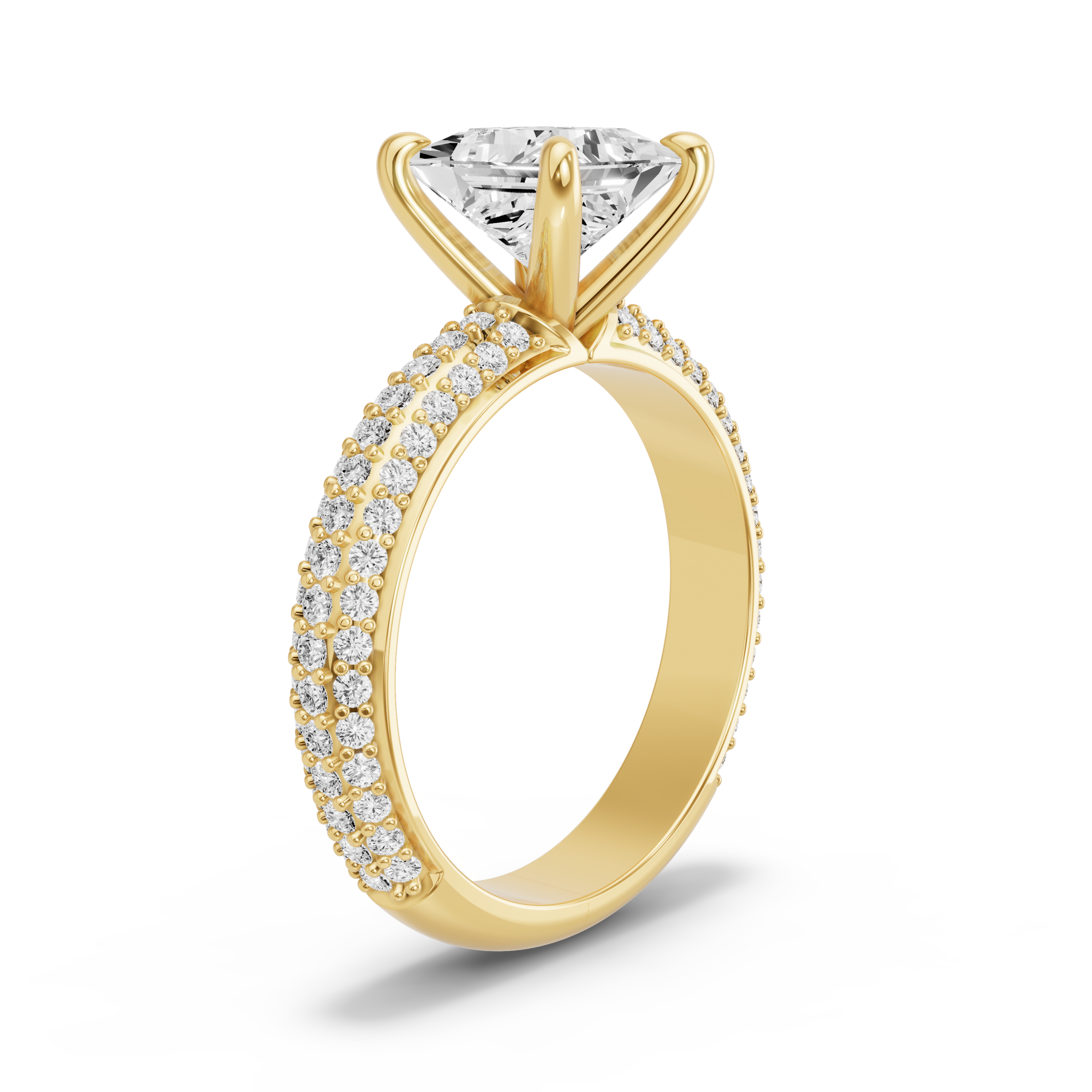 Image for Princess Four Prong Ring with Triple Row Pave band in 18K White Gold
