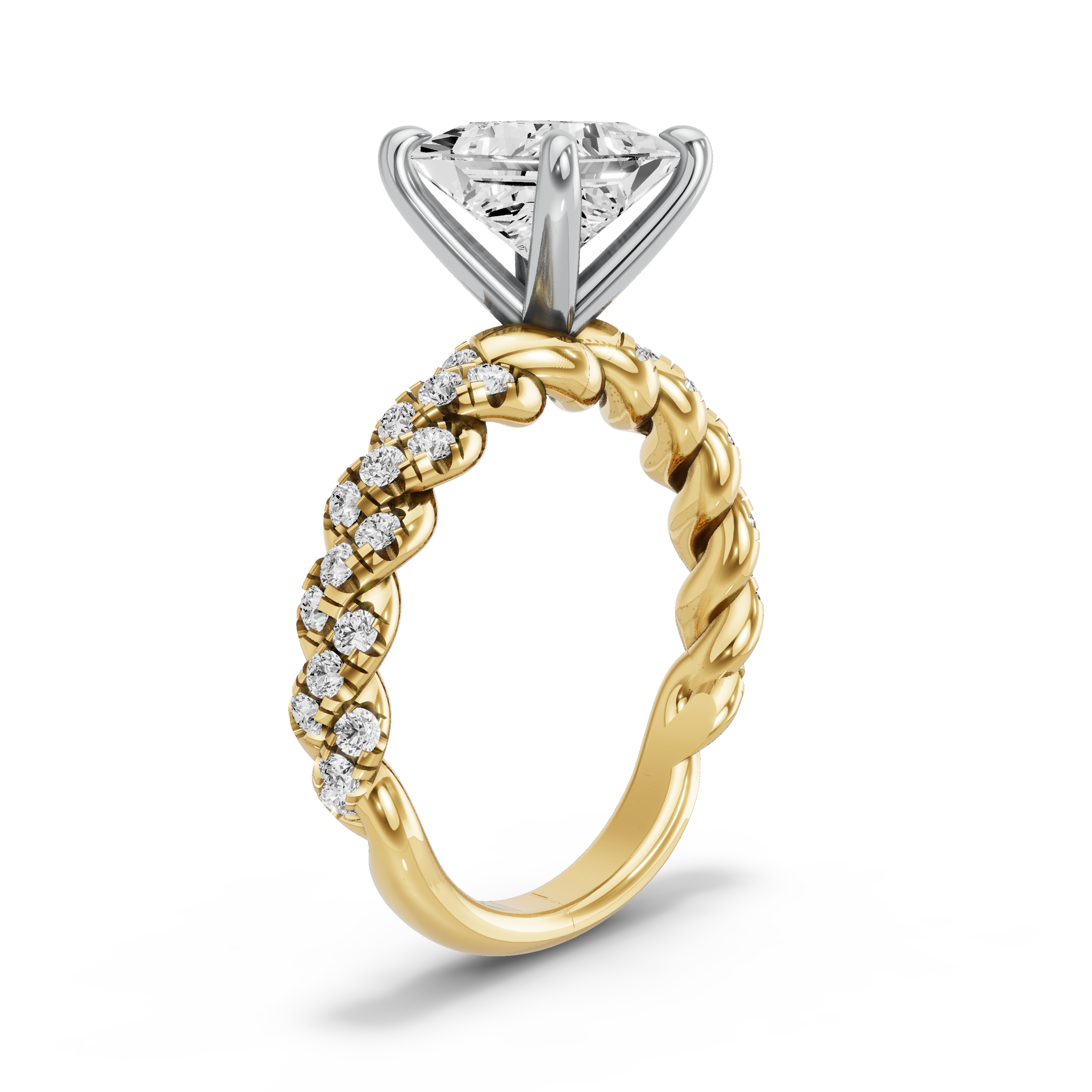 Image for Princess Four Prong Ring with Twist Pave band in 18K Rose Gold