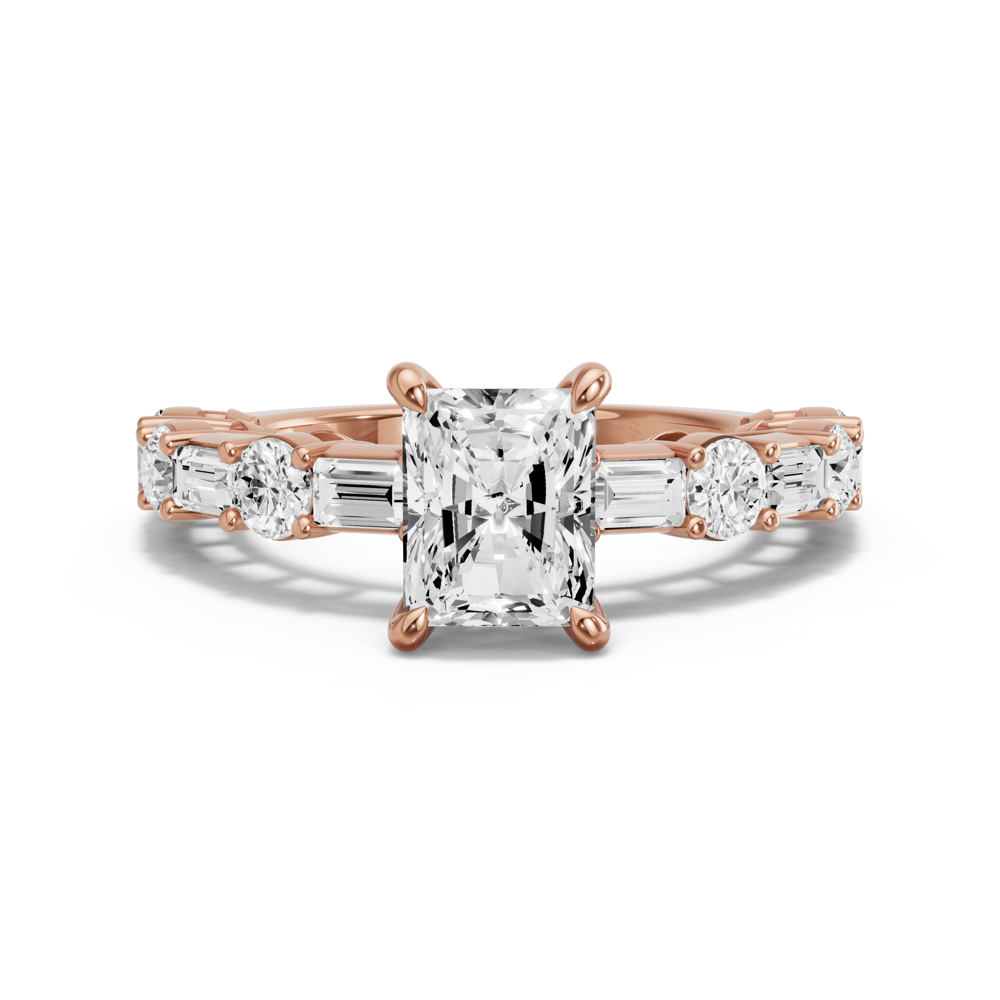 Image for Radiant Four Prong Ring with Alternating Baguette band in 14K Rose Gold