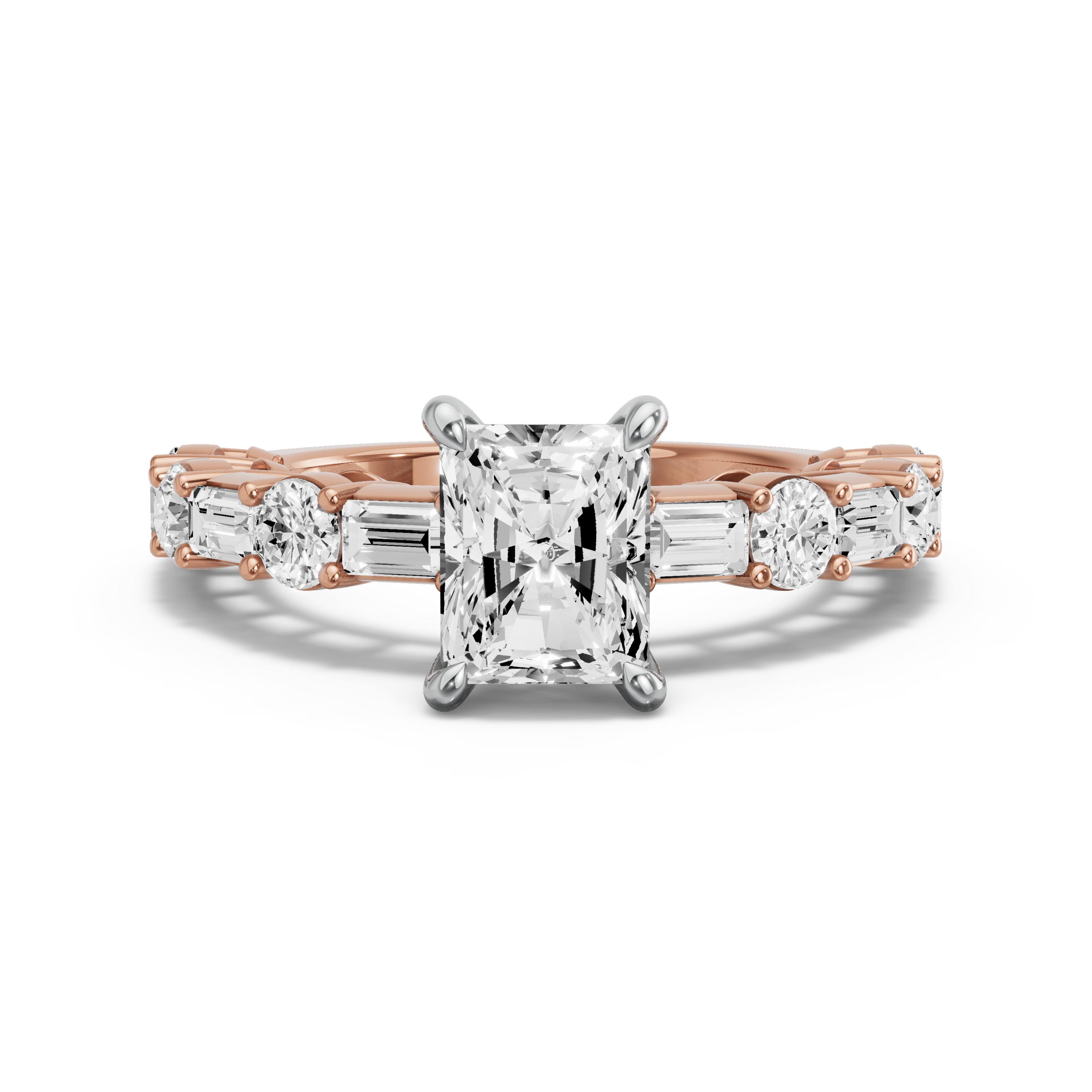 Image for Radiant Four Prong Ring with Alternating Baguette band in 14K Two Tone Rose Gold