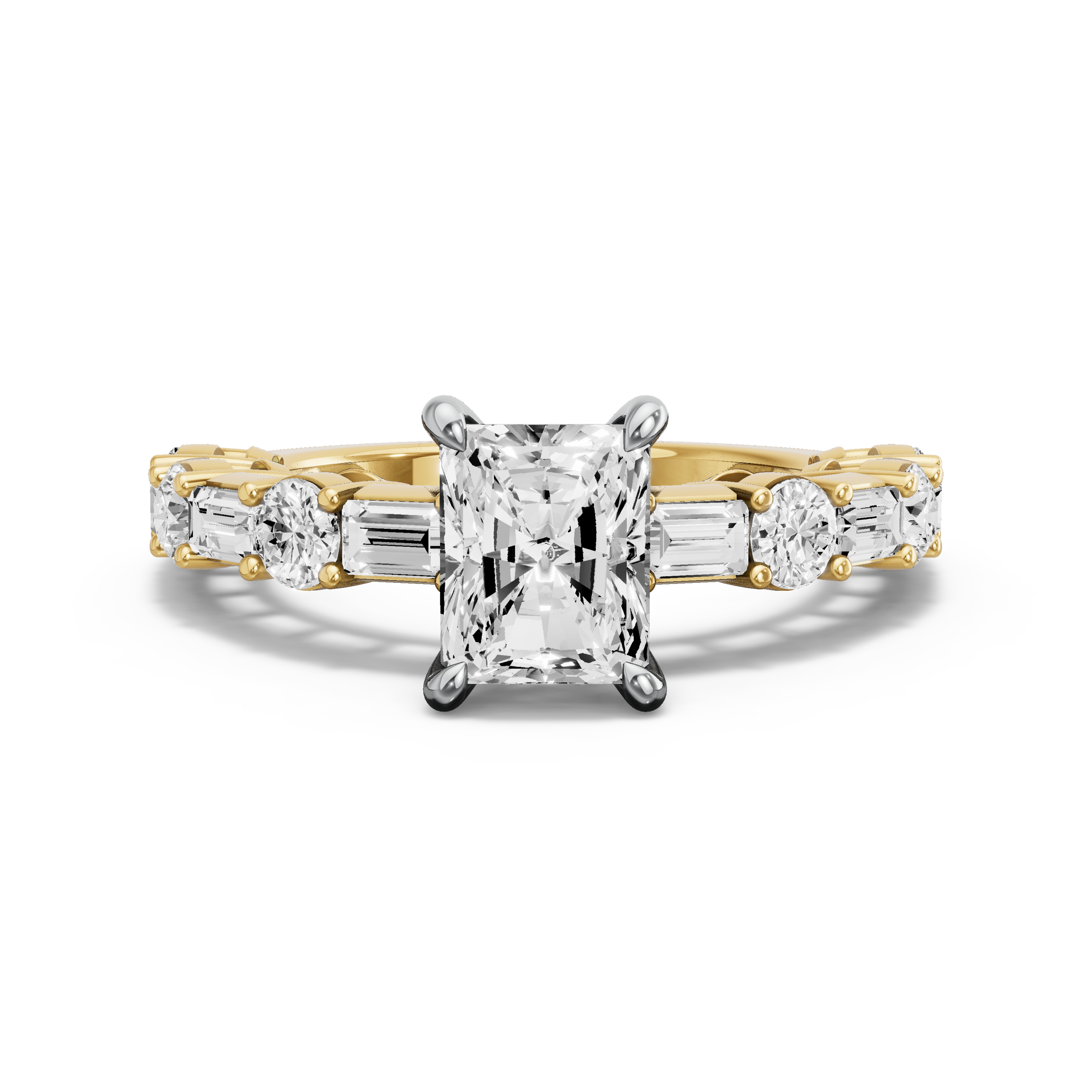 Image for Radiant Four Prong Ring with Alternating Baguette band in 18K Two Tone Yellow Gold