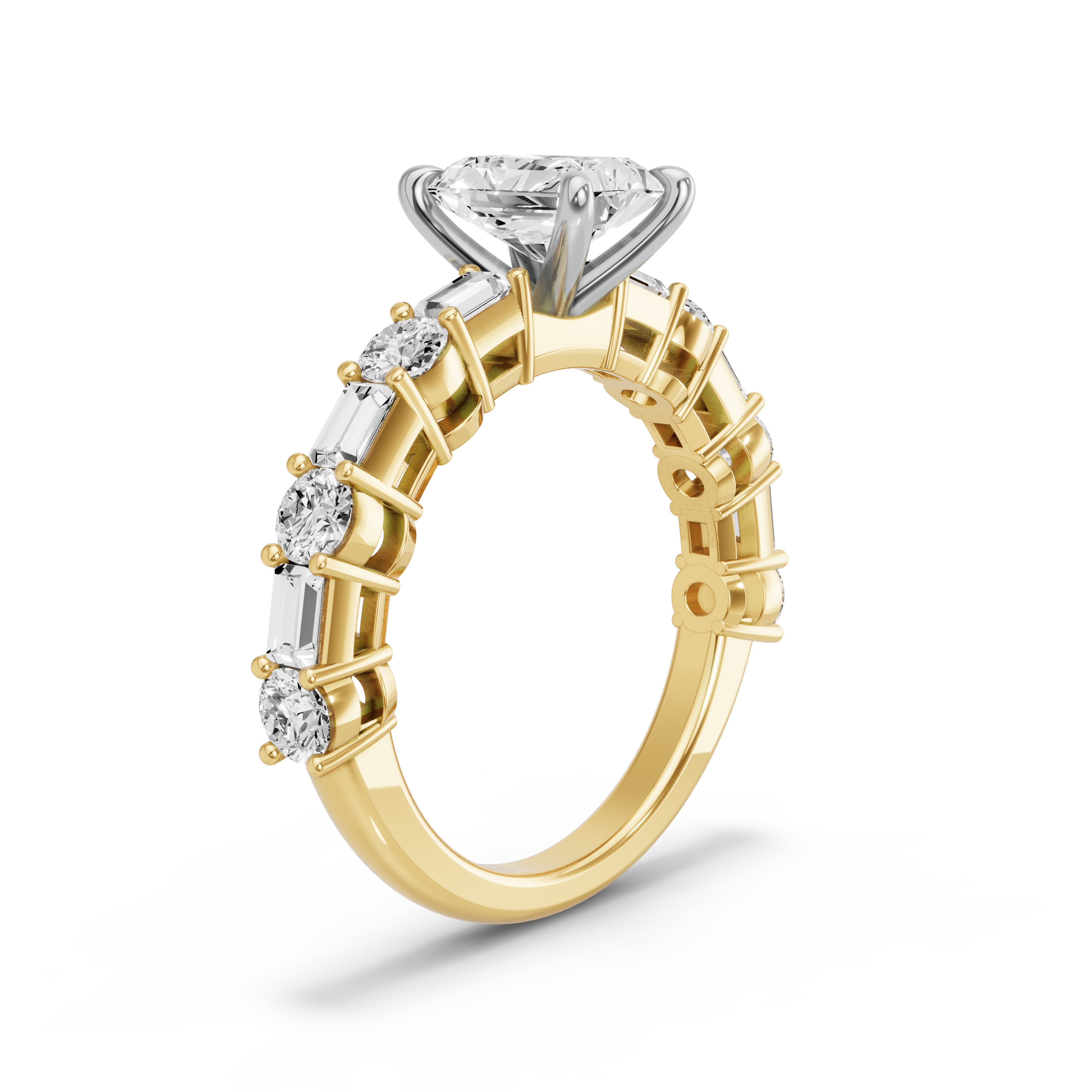 Image for Radiant Four Prong Ring with Alternating Baguette band in 10K Two Tone Yellow Gold