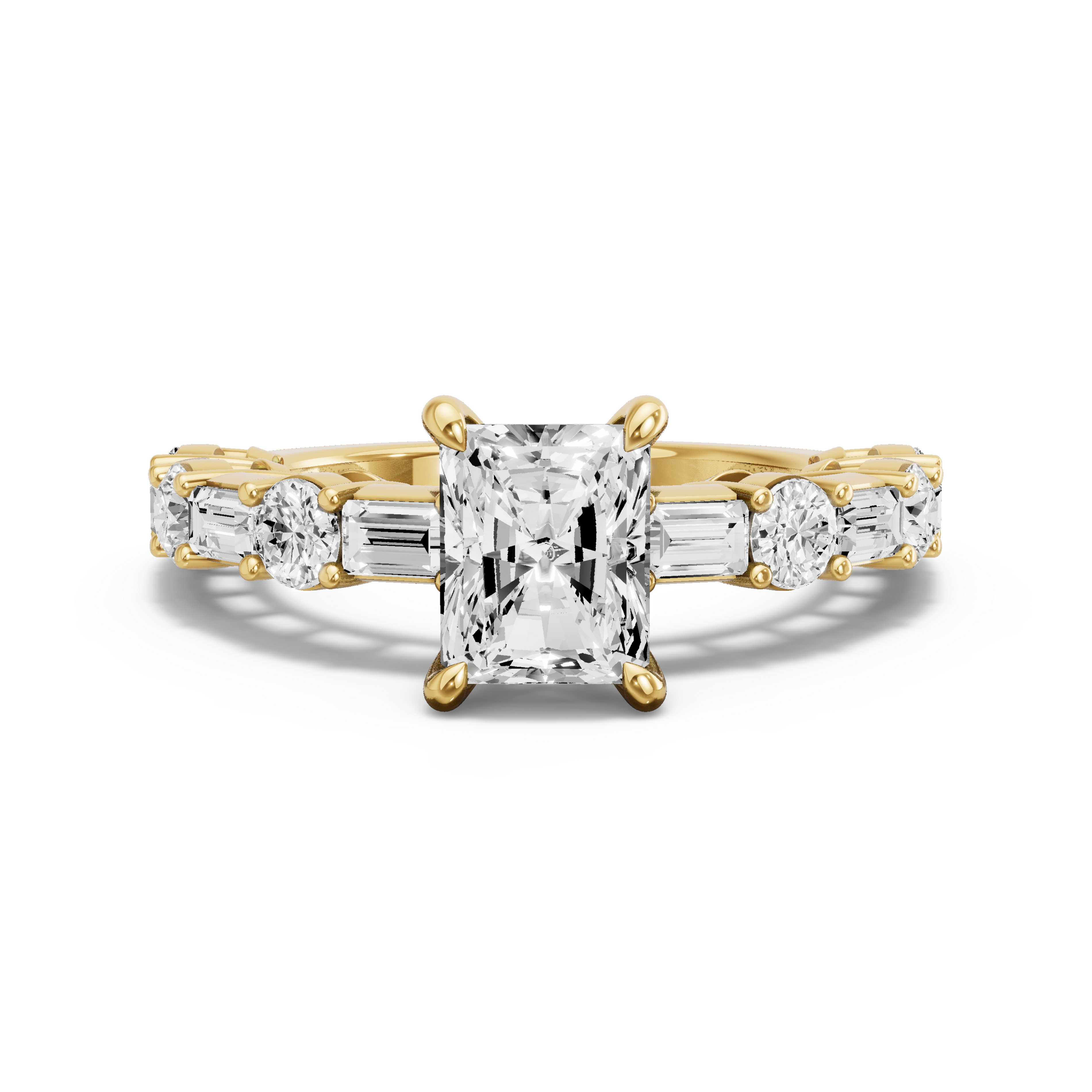 Image for Radiant Four Prong Ring with Alternating Baguette band in 14K Yellow Gold