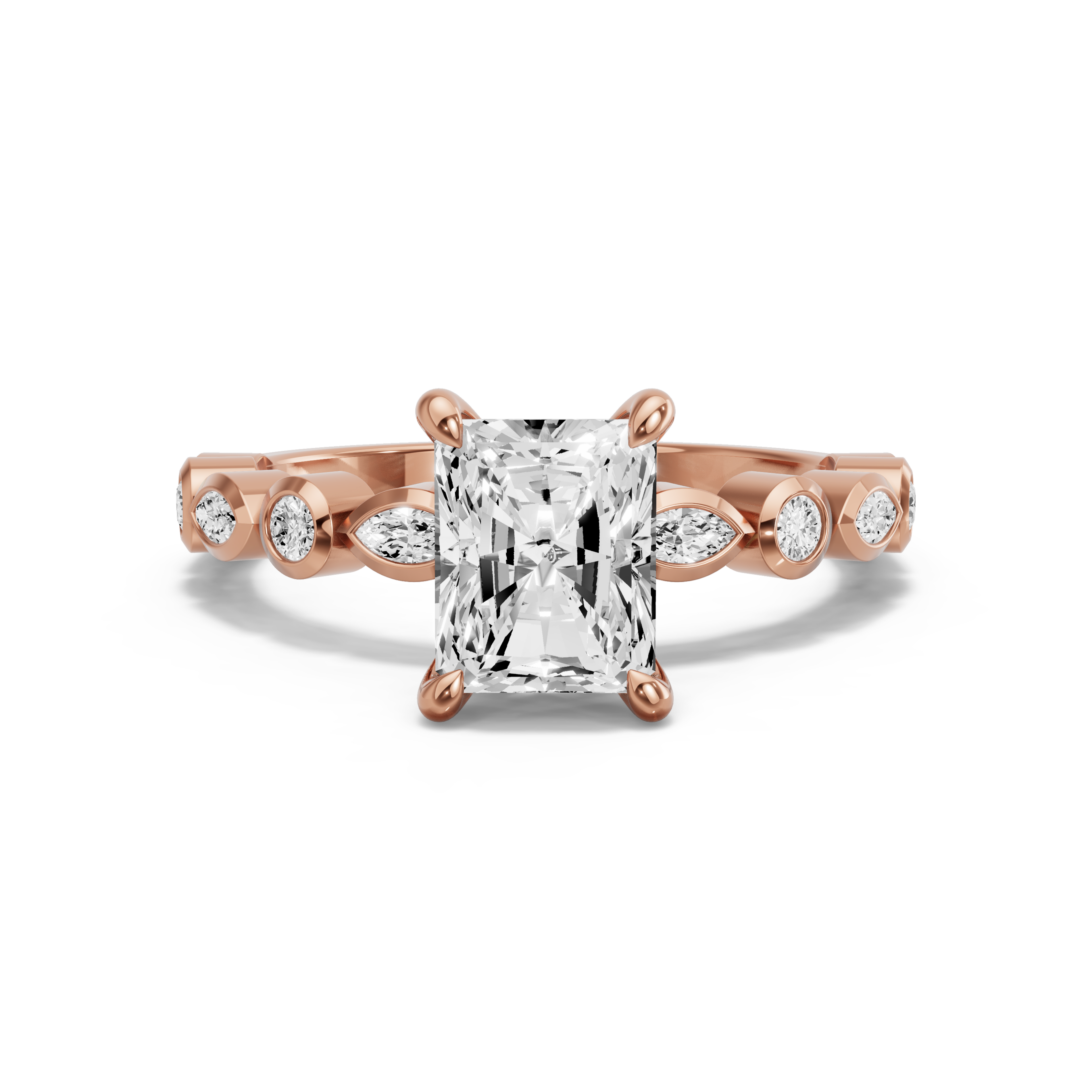 Image for Radiant Four Prong Ring with Alternating Marquise band in 10K Rose Gold