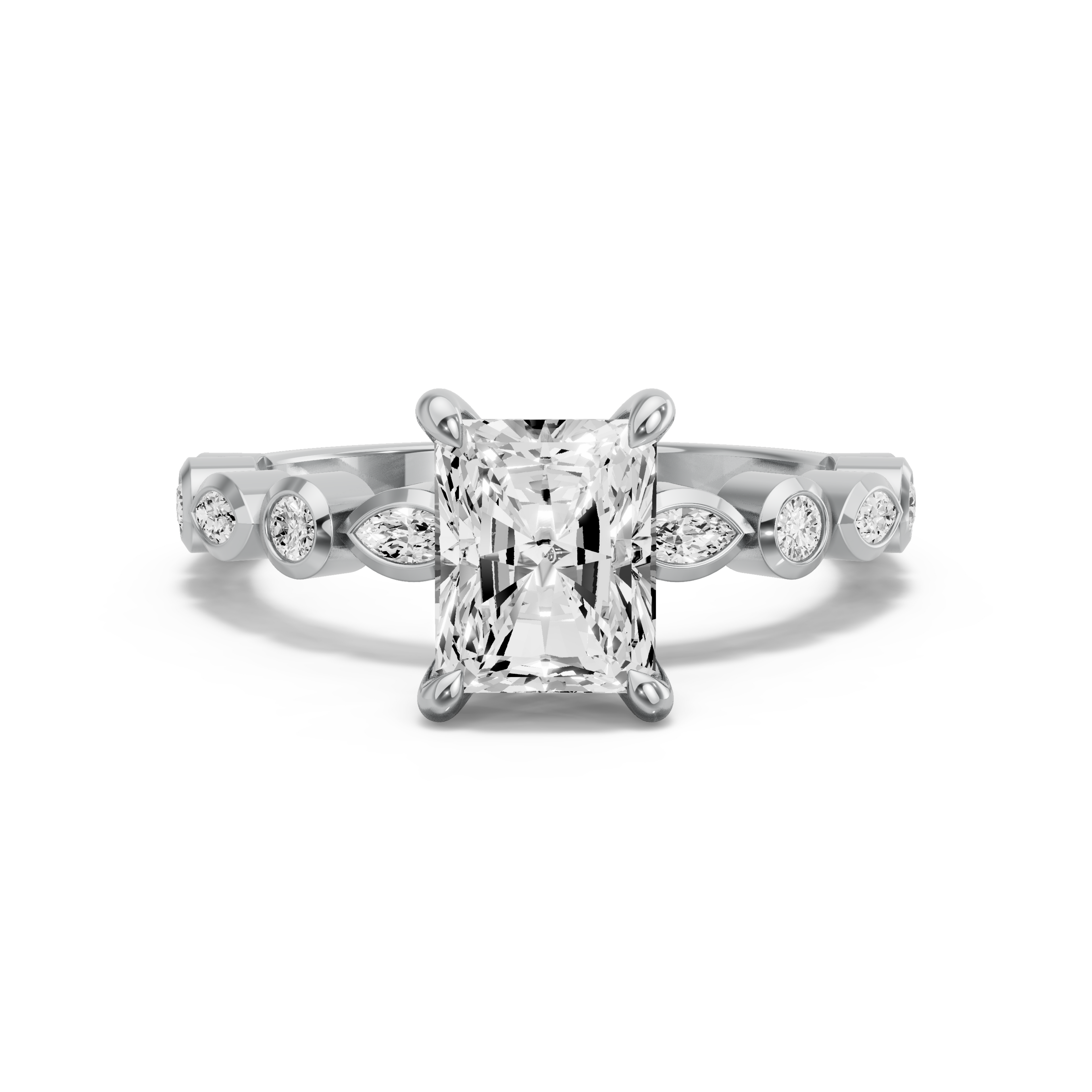 Image for Radiant Four Prong Ring with Alternating Marquise band in 14K White Gold