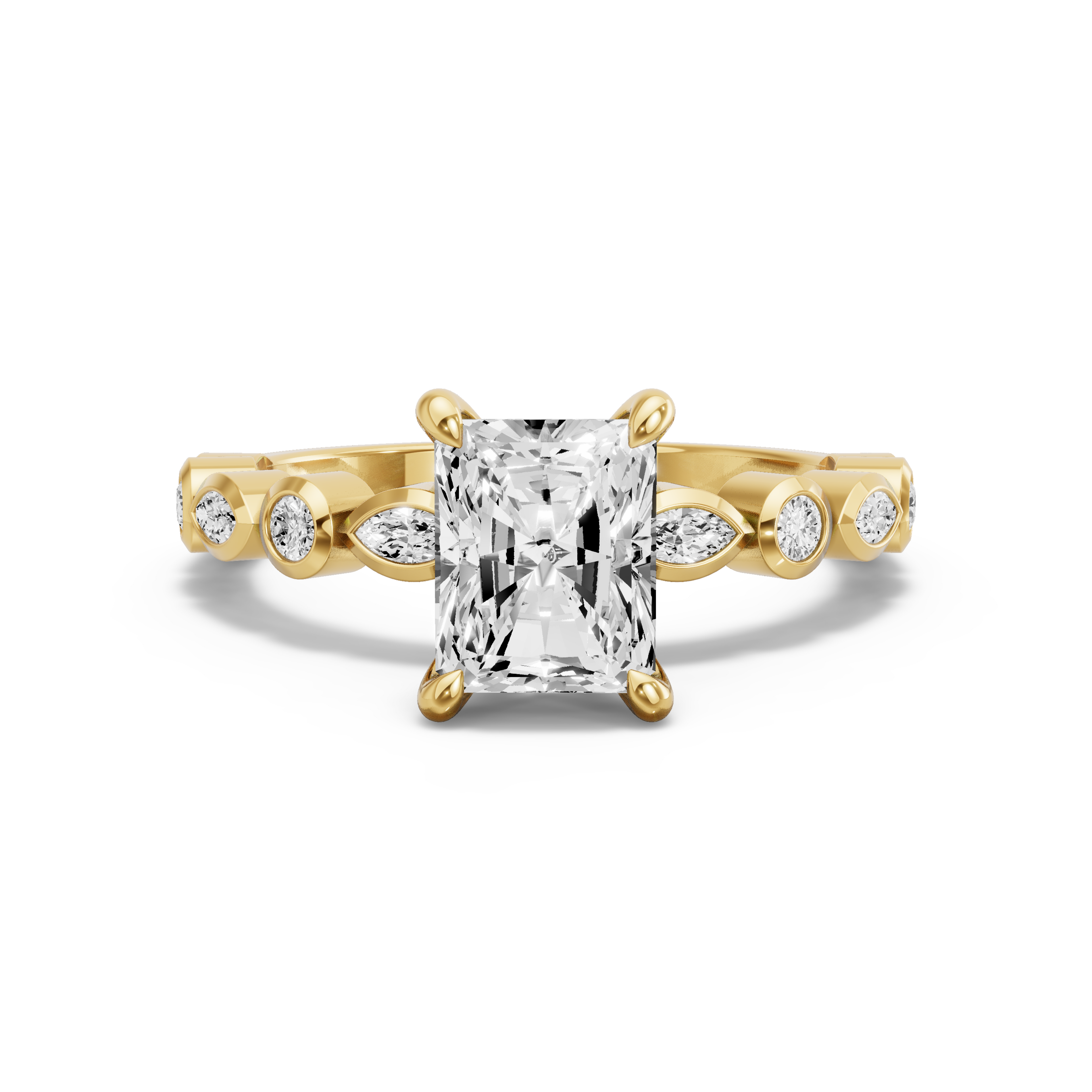 Image for Radiant Four Prong Ring with Alternating Marquise band in 18K Yellow Gold