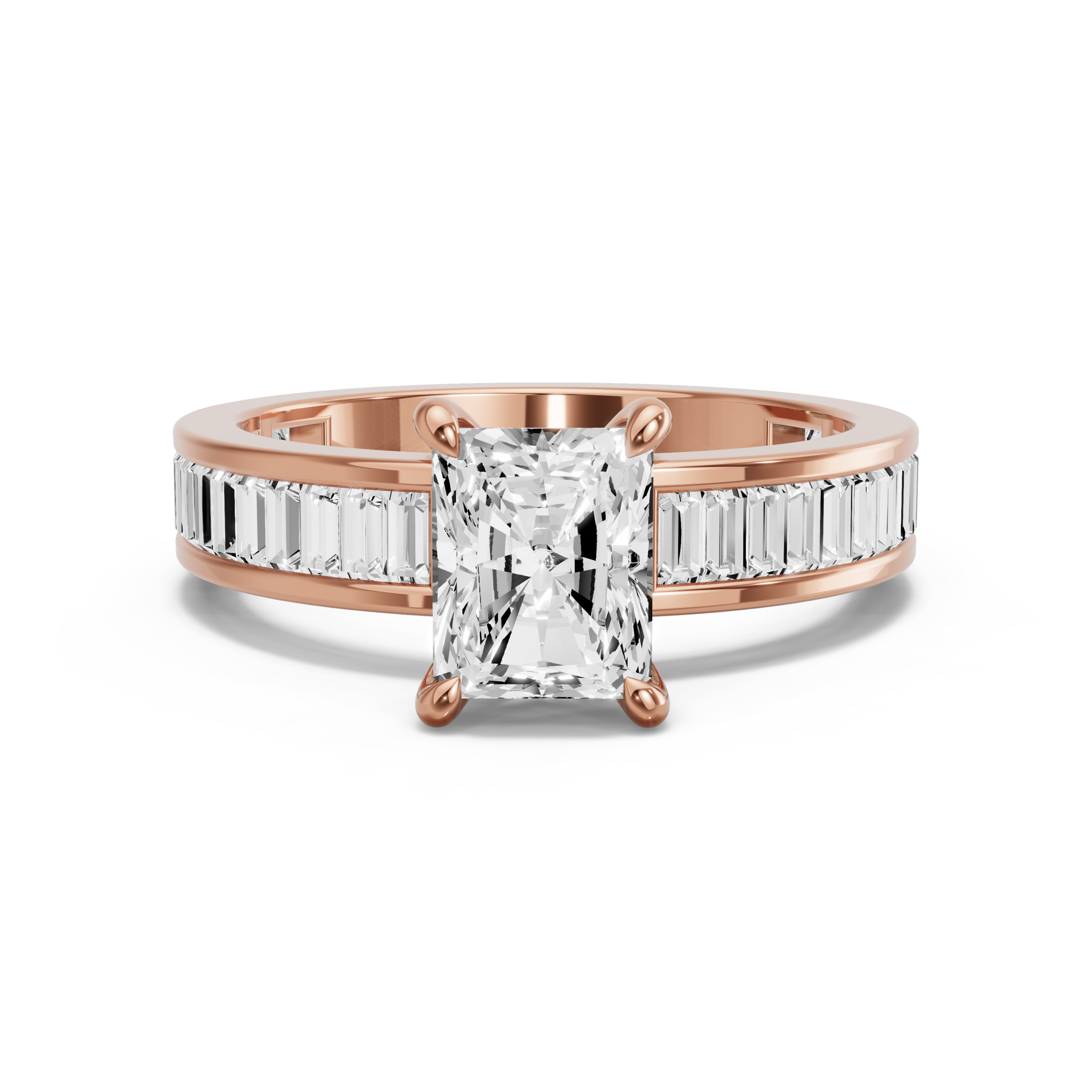 Image for Radiant Four Prong Ring with Baguette Channel band in 18K Rose Gold