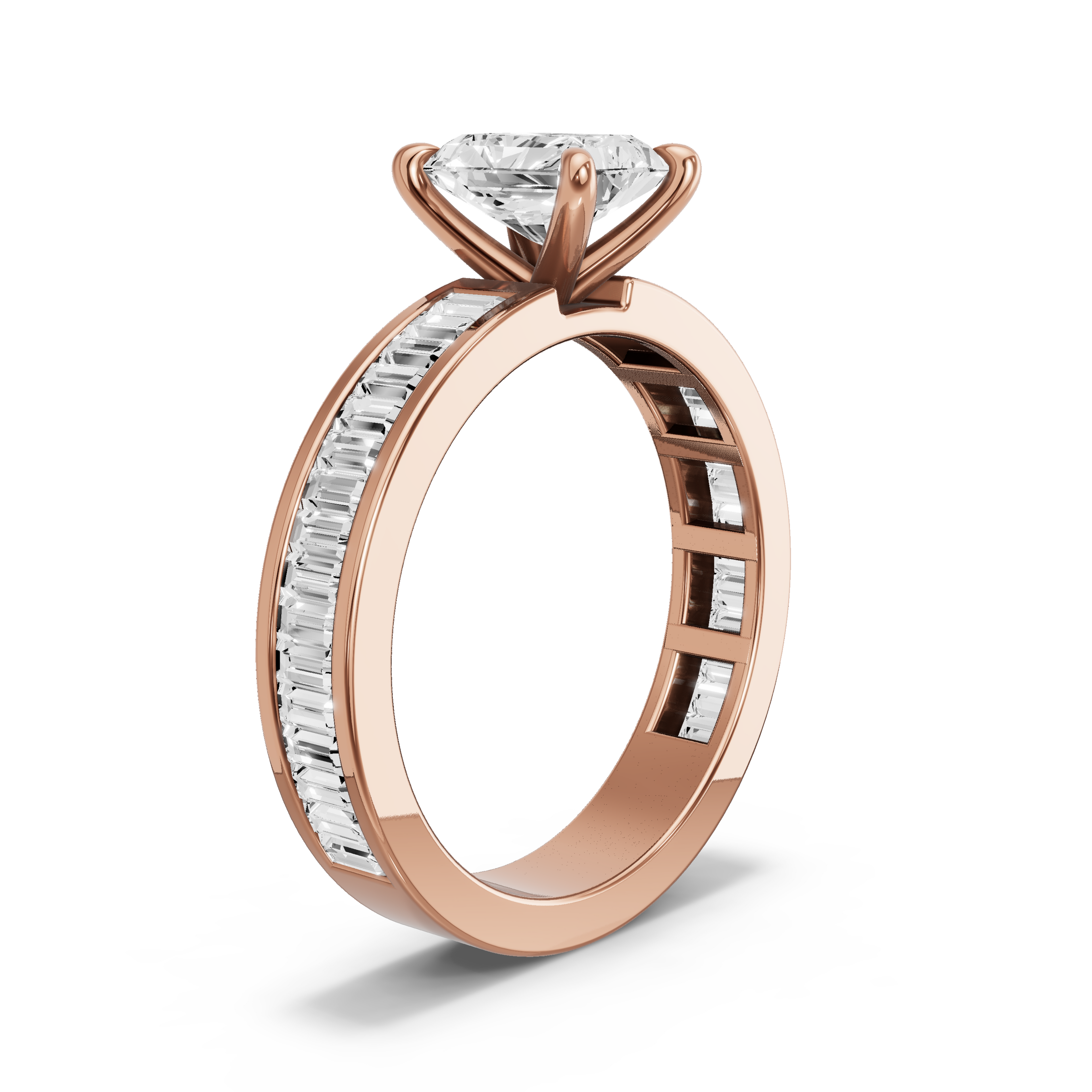 Image for Radiant Four Prong Ring with Baguette Channel band in 10K Rose Gold