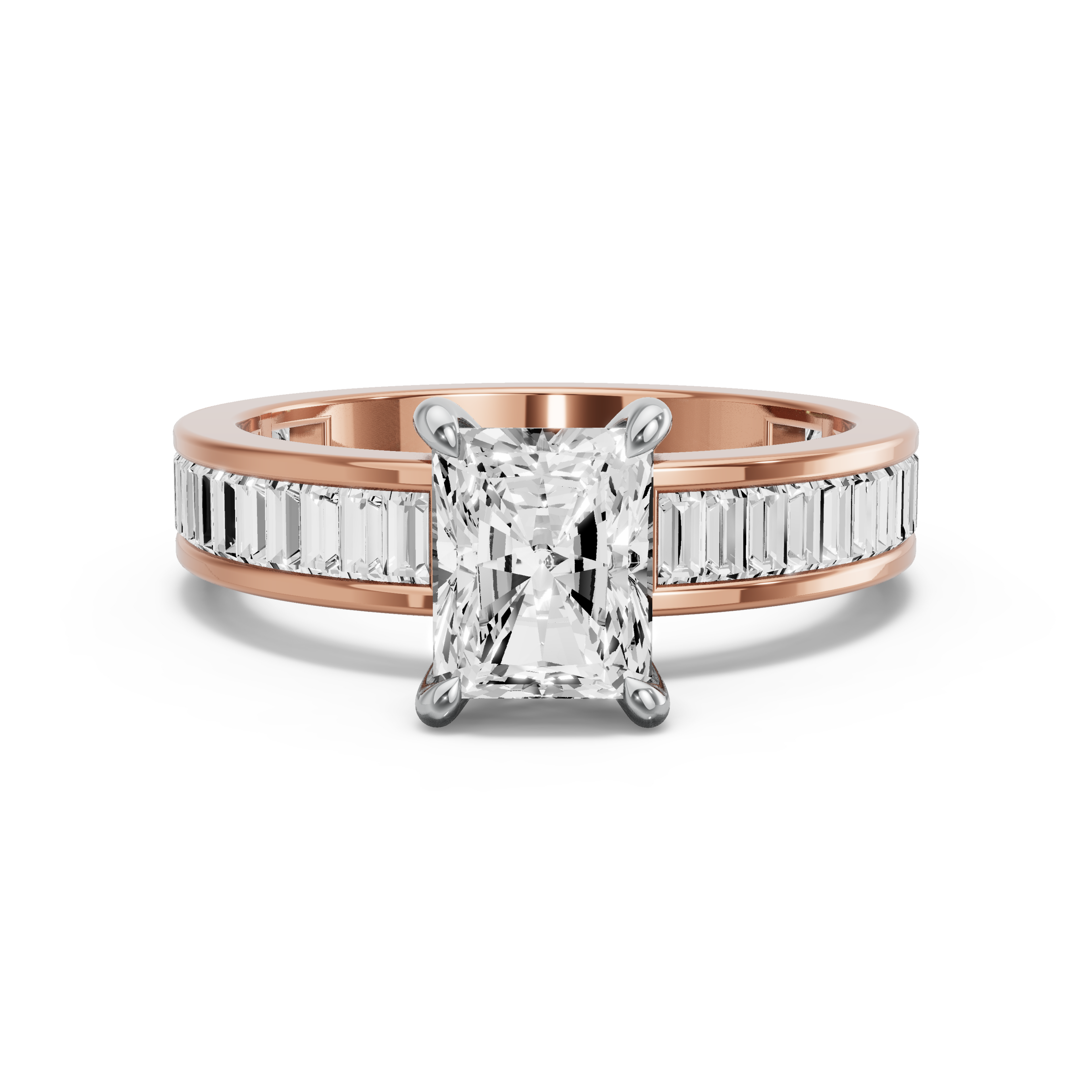 Image for Radiant Four Prong Ring with Baguette Channel band in 18K Two Tone Rose Gold