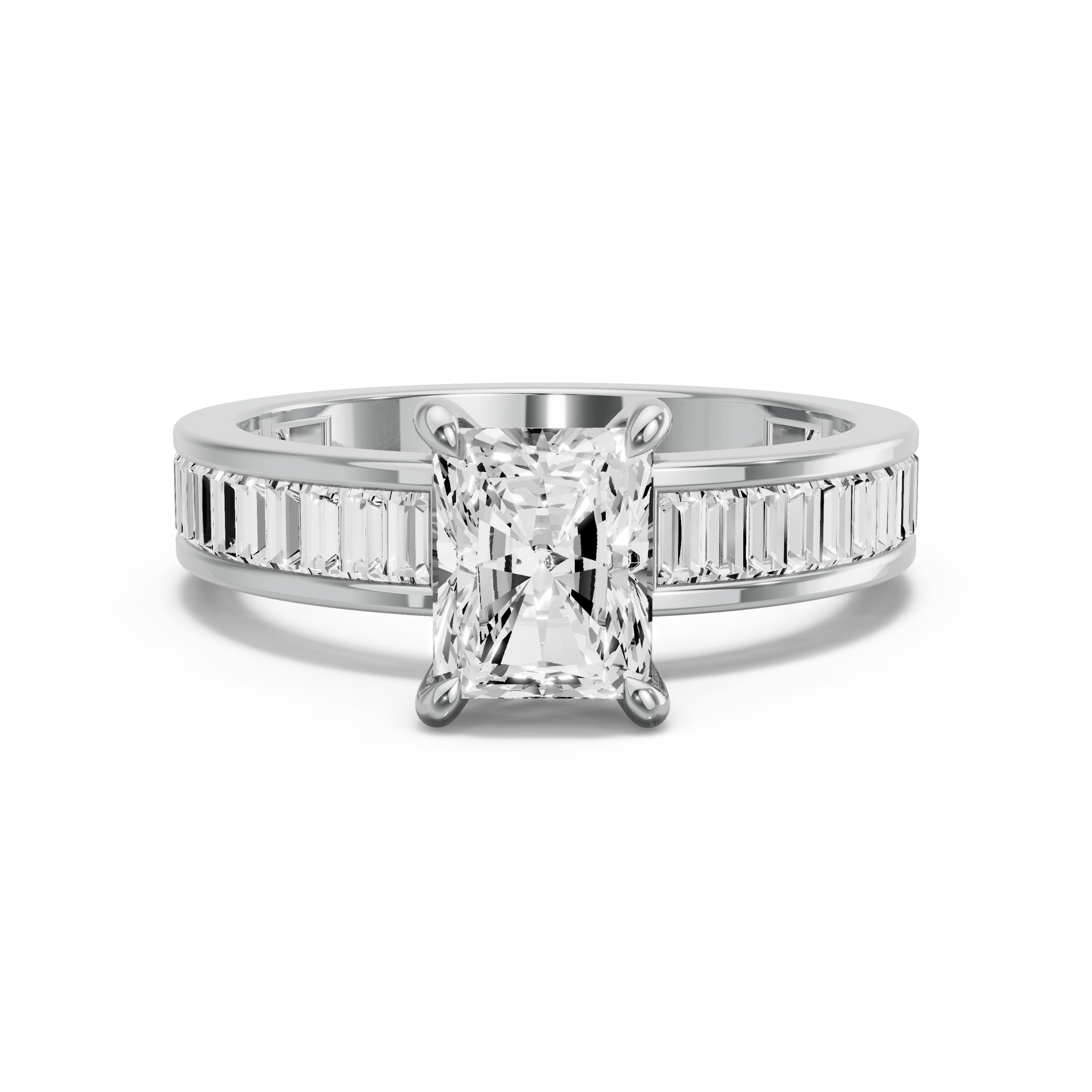 Image for Radiant Four Prong Ring with Baguette Channel band in 10K White Gold