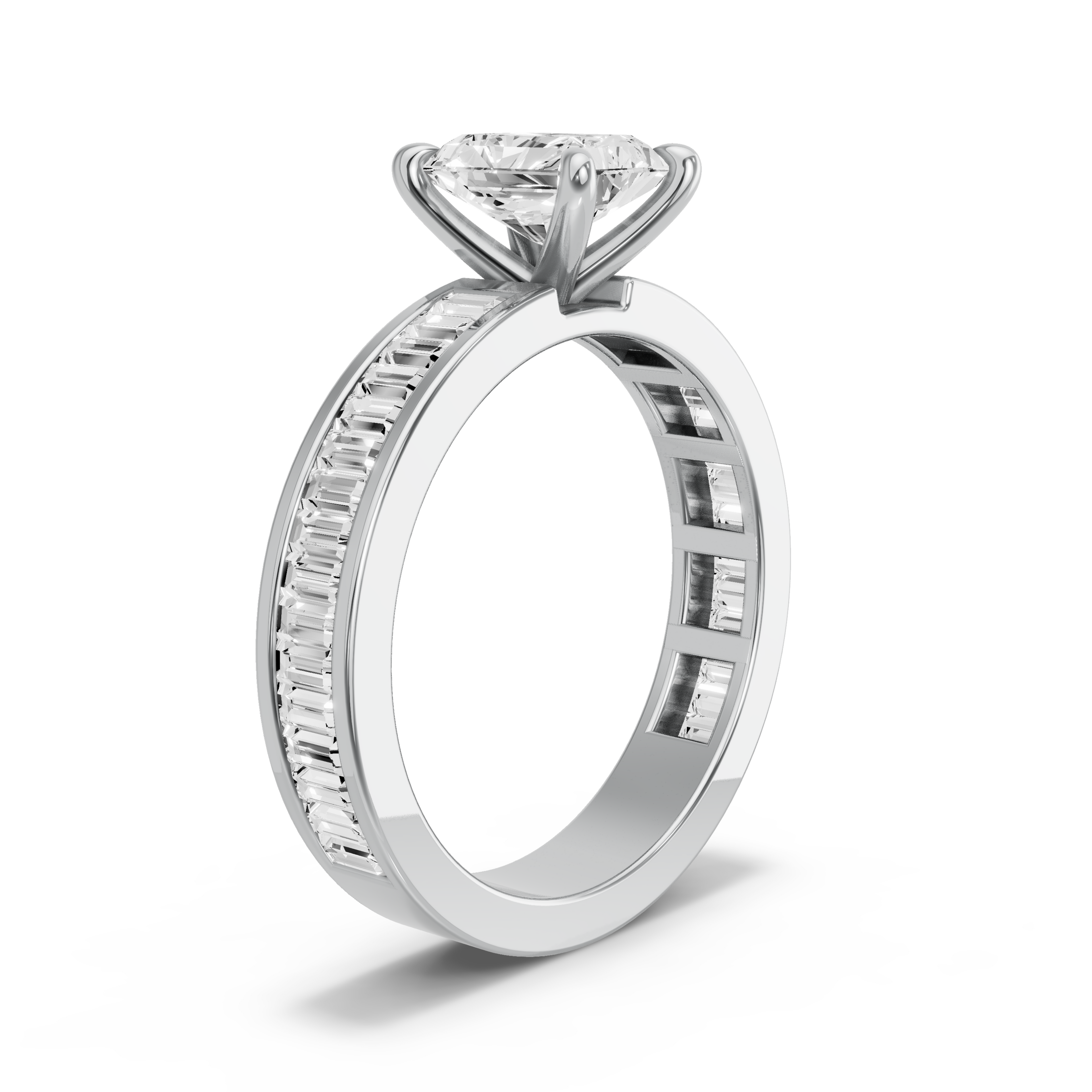 Image for Radiant Four Prong Ring with Baguette Channel band in 18K White Gold