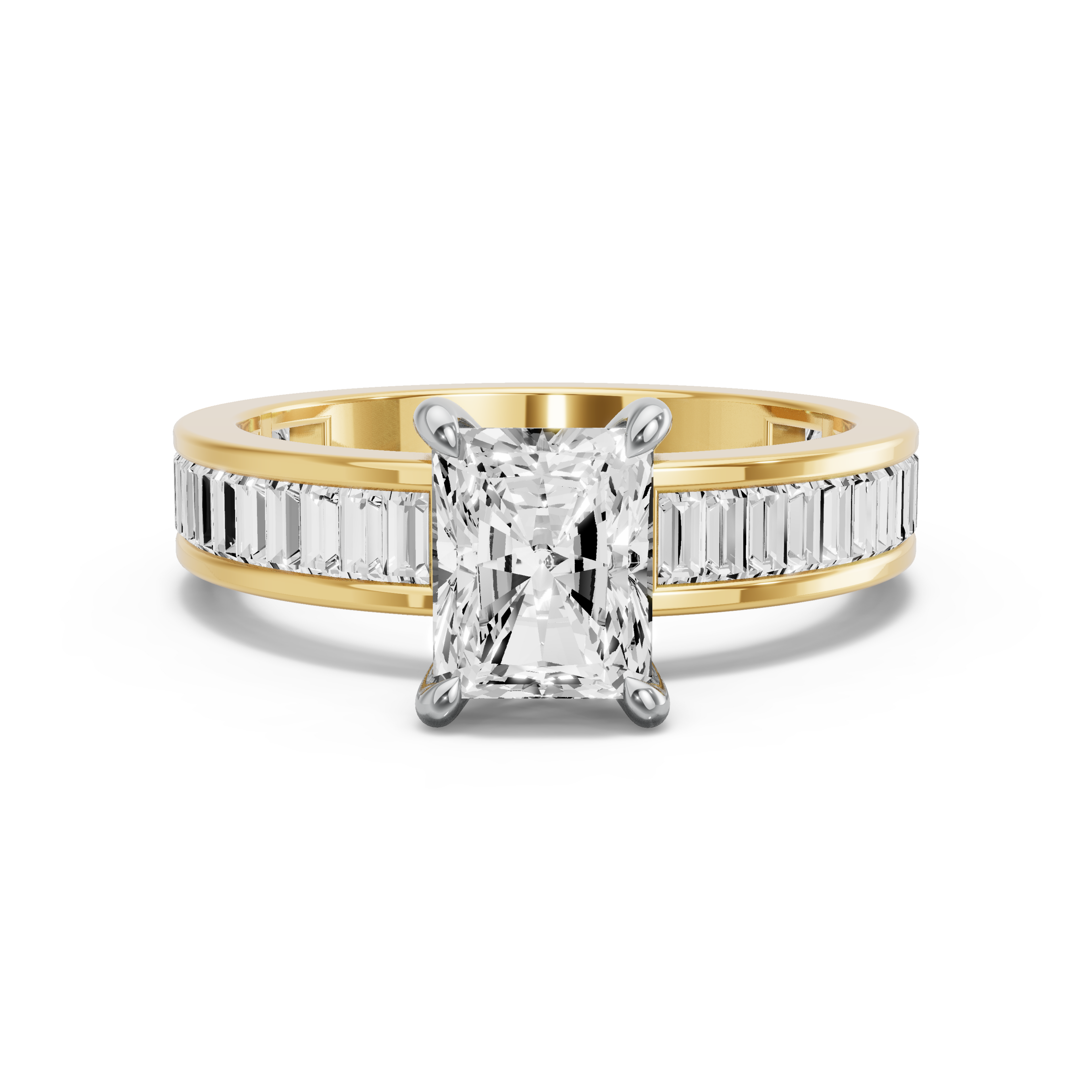 Image for Radiant Four Prong Ring with Baguette Channel band in 14K Two Tone Yellow Gold
