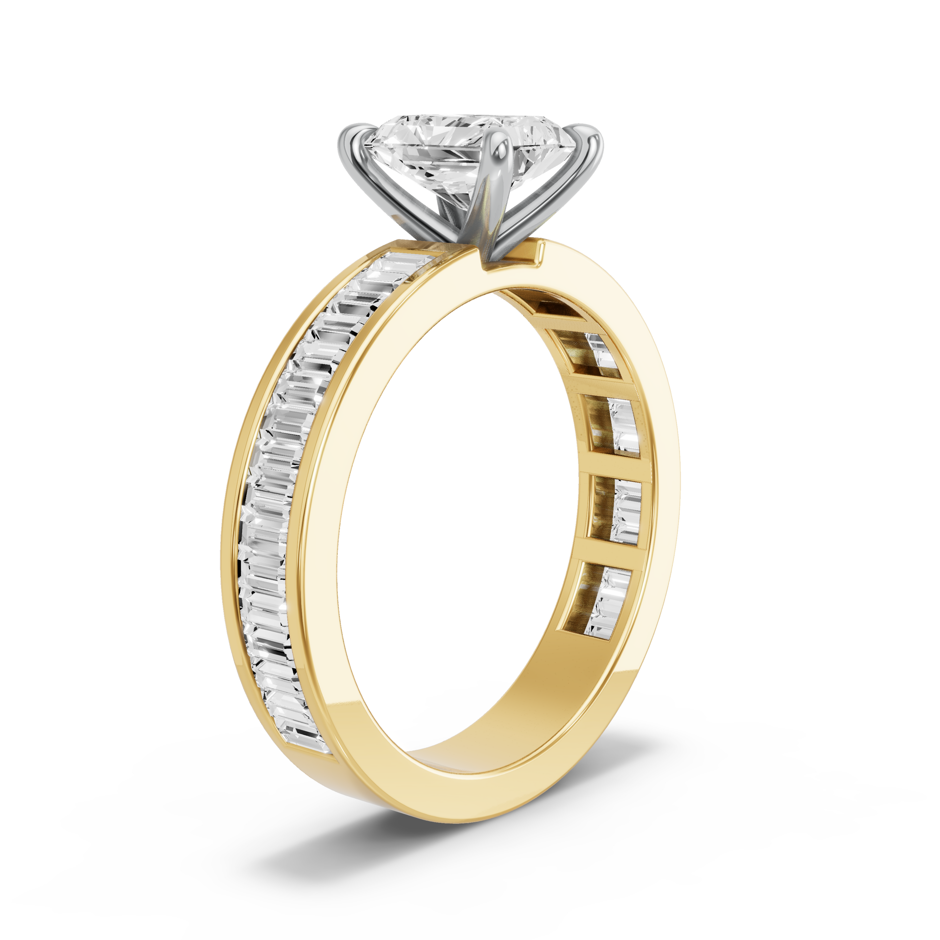 Image for Radiant Four Prong Ring with Baguette Channel band in 10K Two Tone Yellow Gold