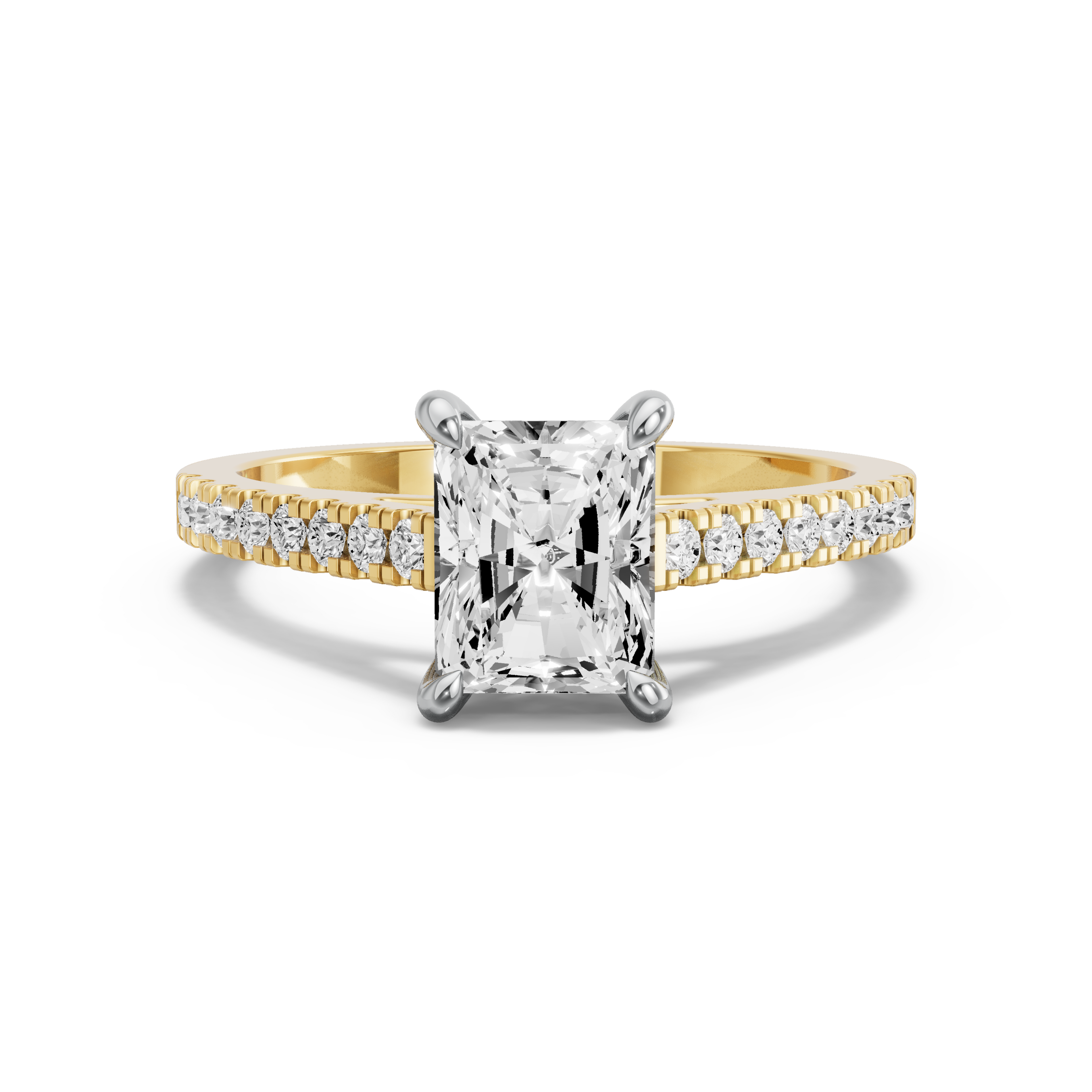 Image for Radiant Four Prong Ring with Cathedral Pave band in 10K Two Tone Yellow Gold