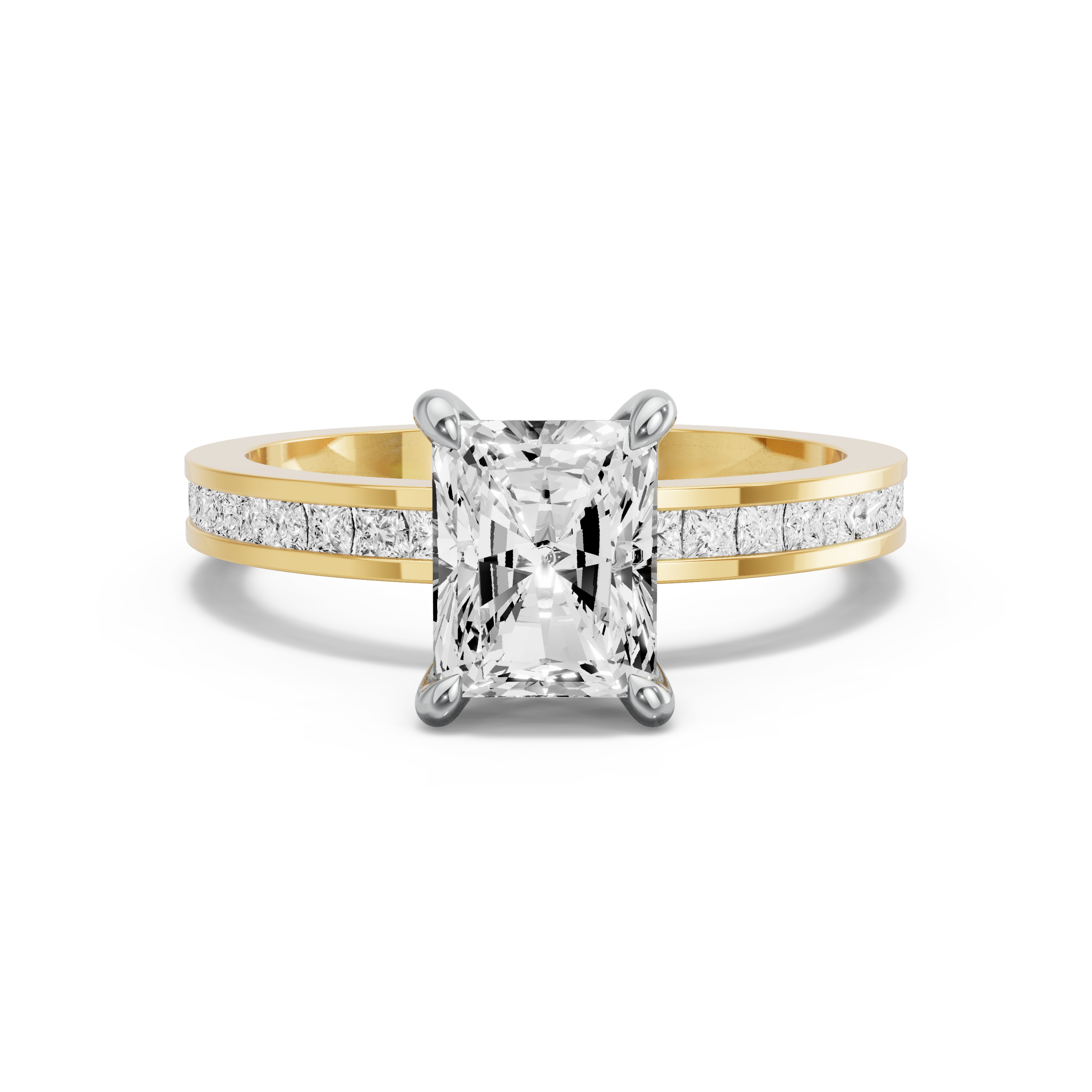 Image for Radiant Four Prong Ring with Channel band in 18K Two Tone Yellow Gold