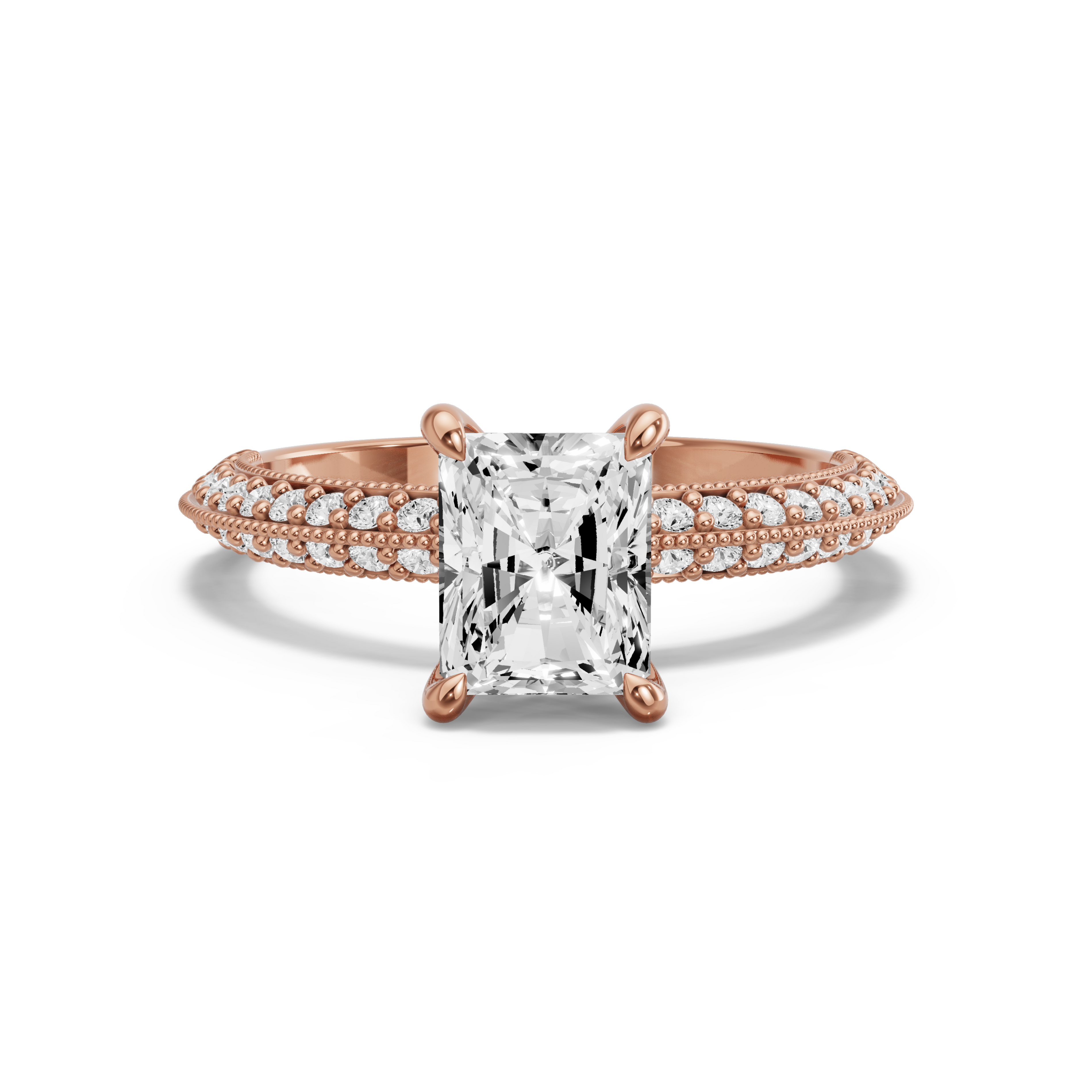 Image for Radiant Four Prong Ring with Knife Edge Pave band in 10K Rose Gold