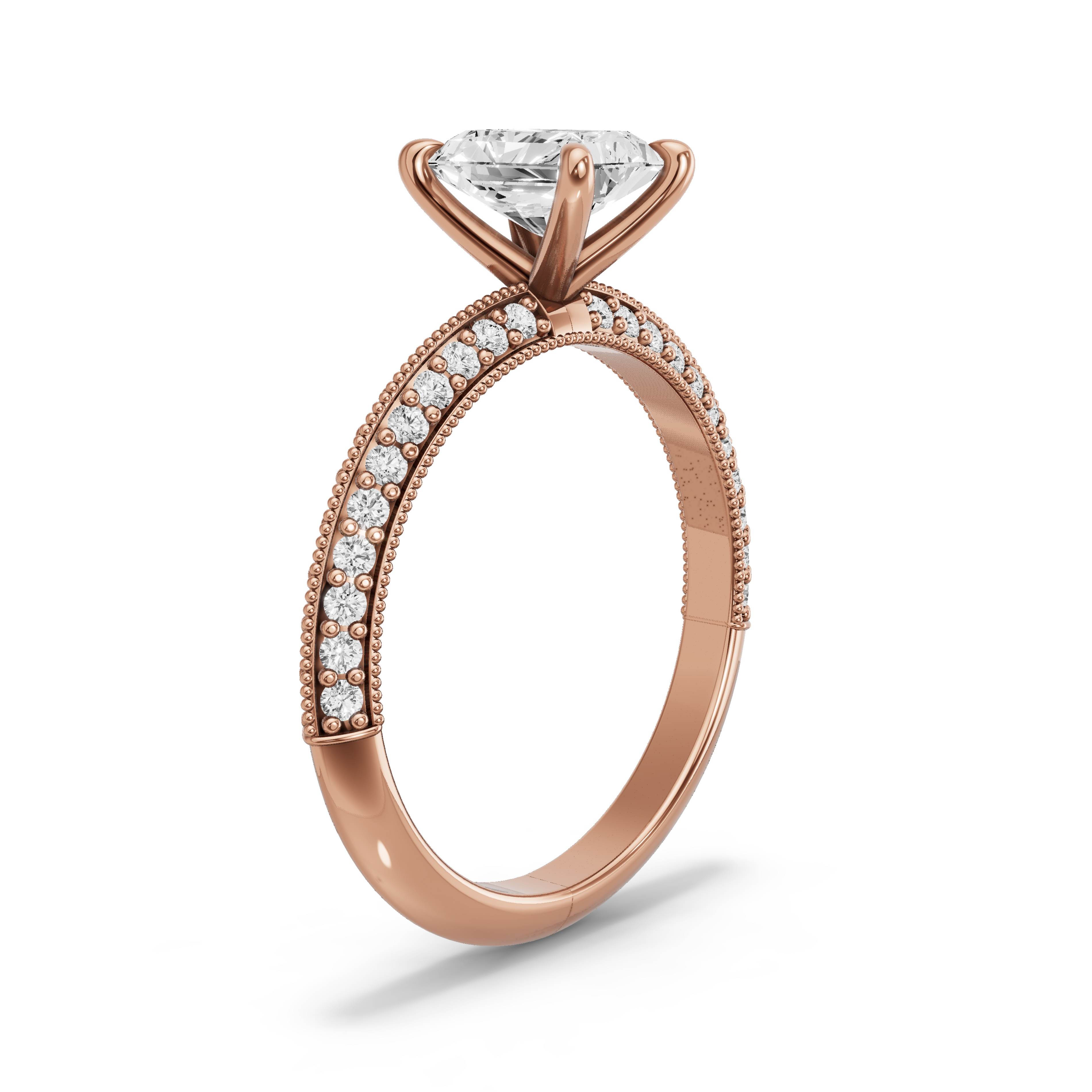 Image for Radiant Four Prong Ring with Knife Edge Pave band in 18K Rose Gold