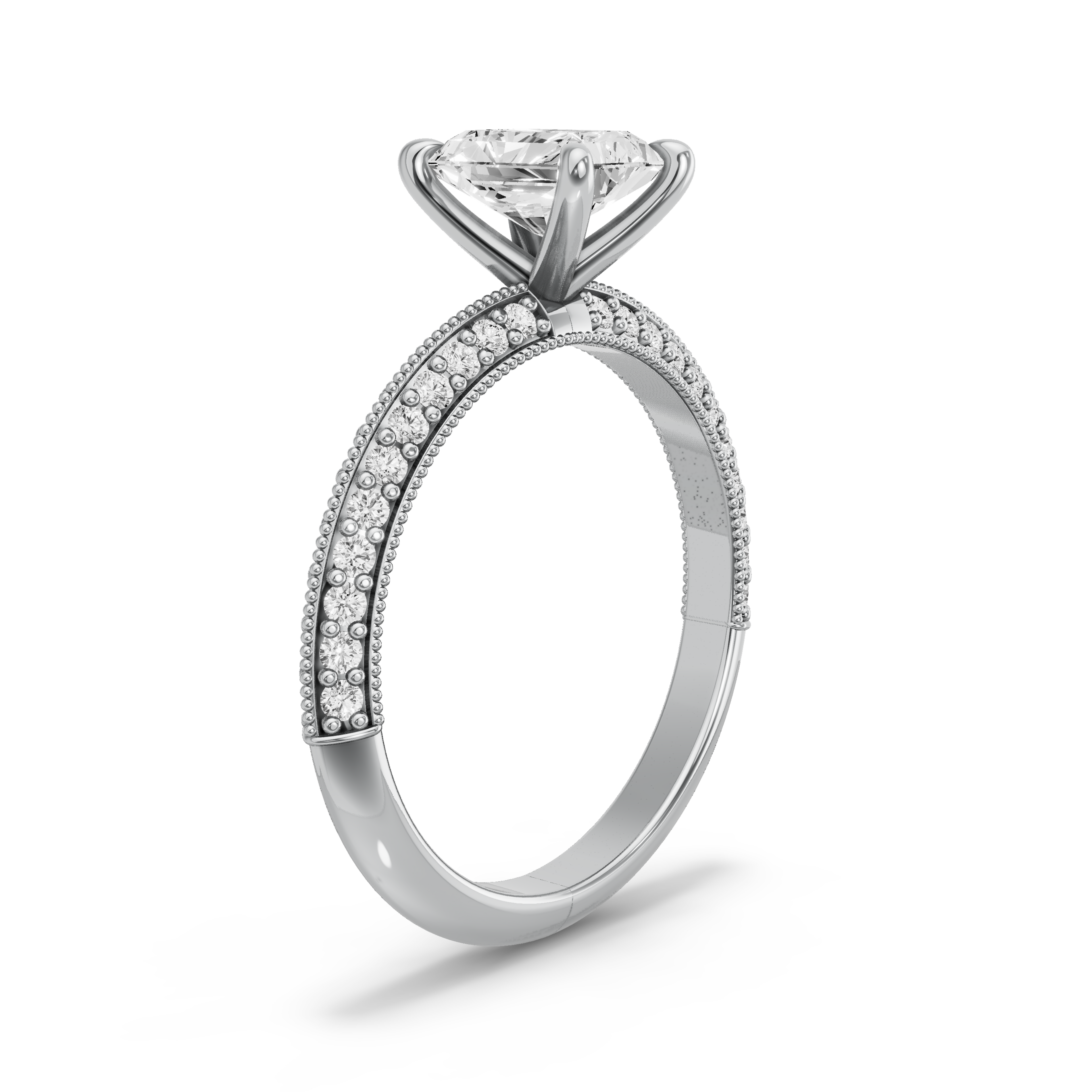 Image for Radiant Four Prong Ring with Knife Edge Pave band in 14K White Gold