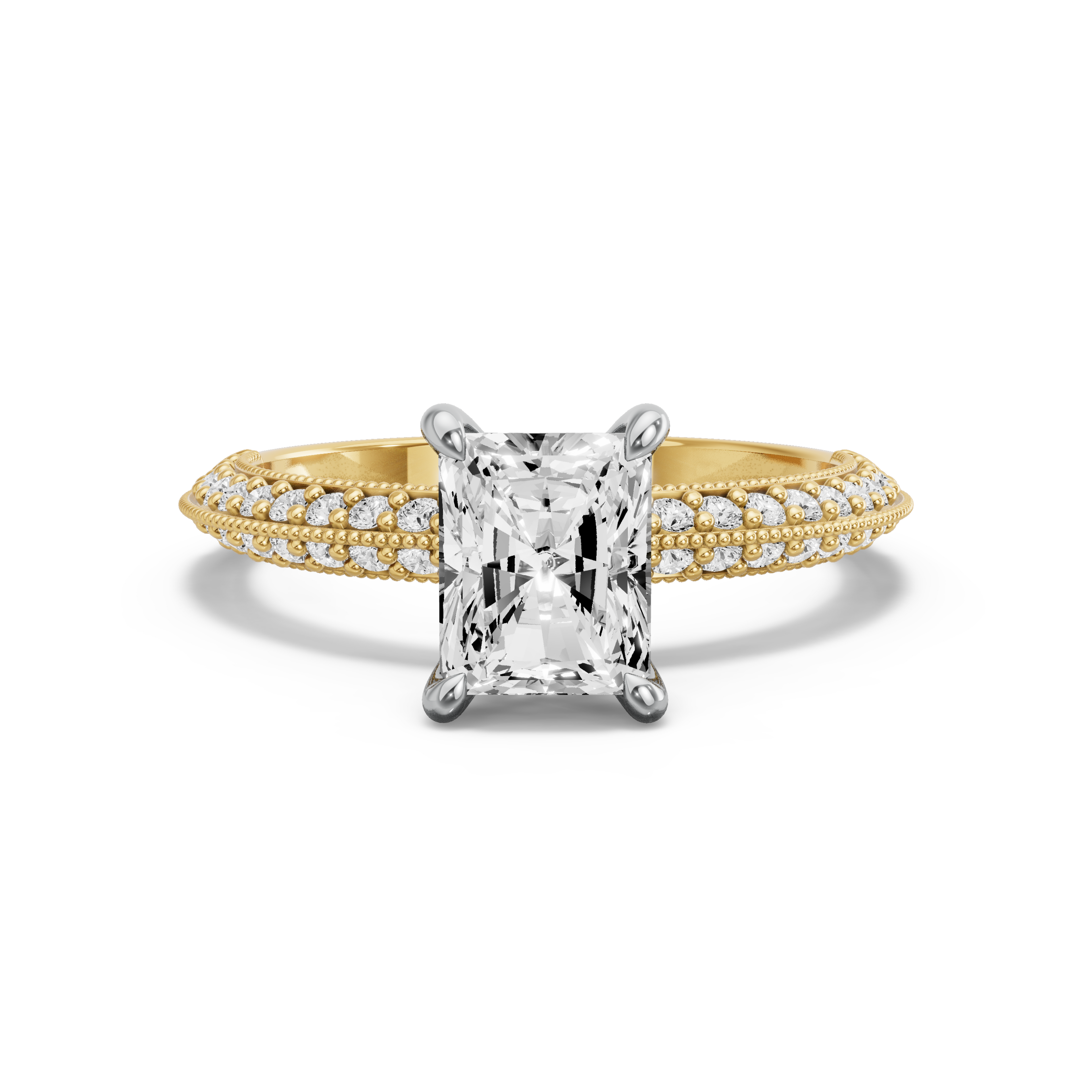 Image for Radiant Four Prong Ring with Knife Edge Pave band in 10K Two Tone Yellow Gold