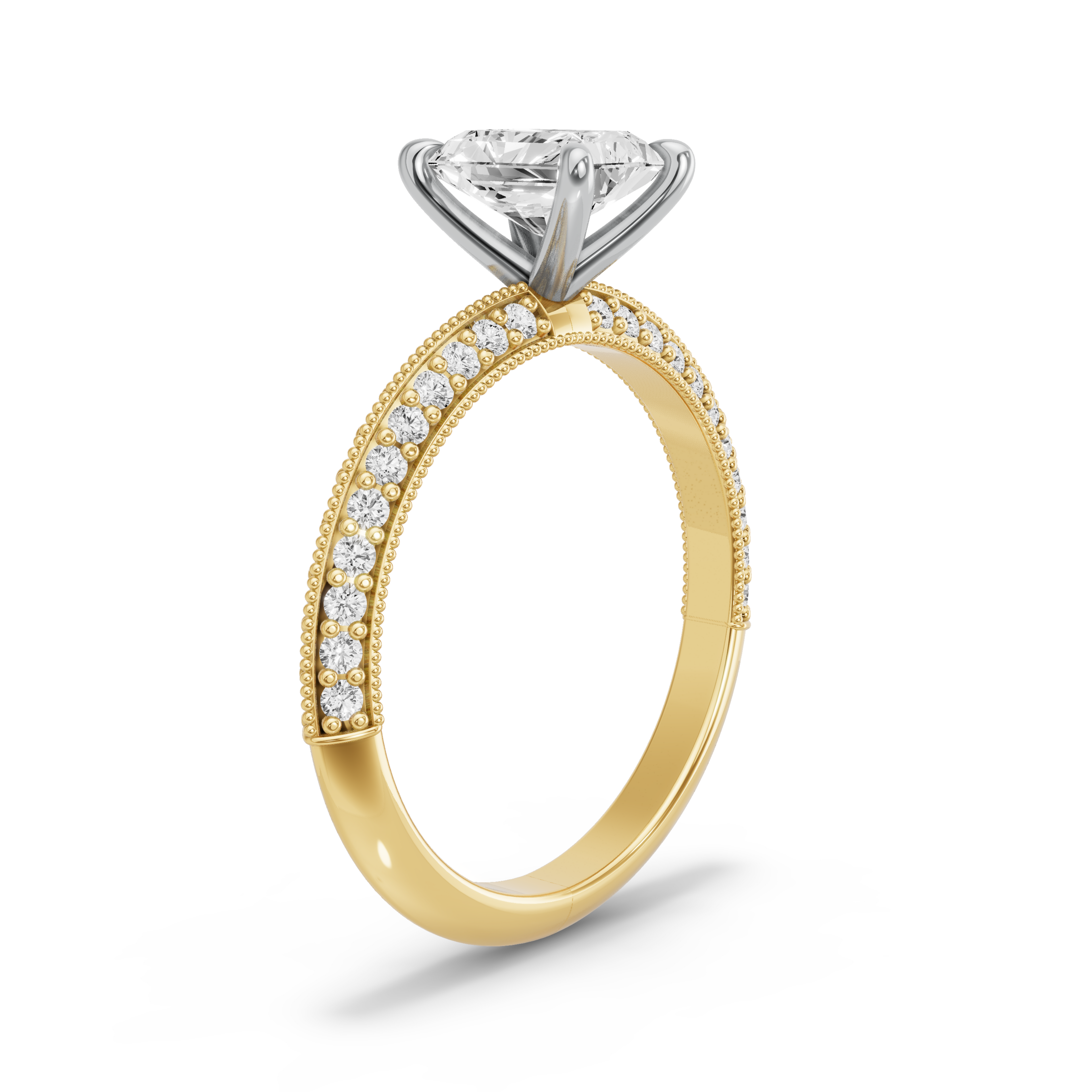 Image for Radiant Four Prong Ring with Knife Edge Pave band in 18K Two Tone Yellow Gold