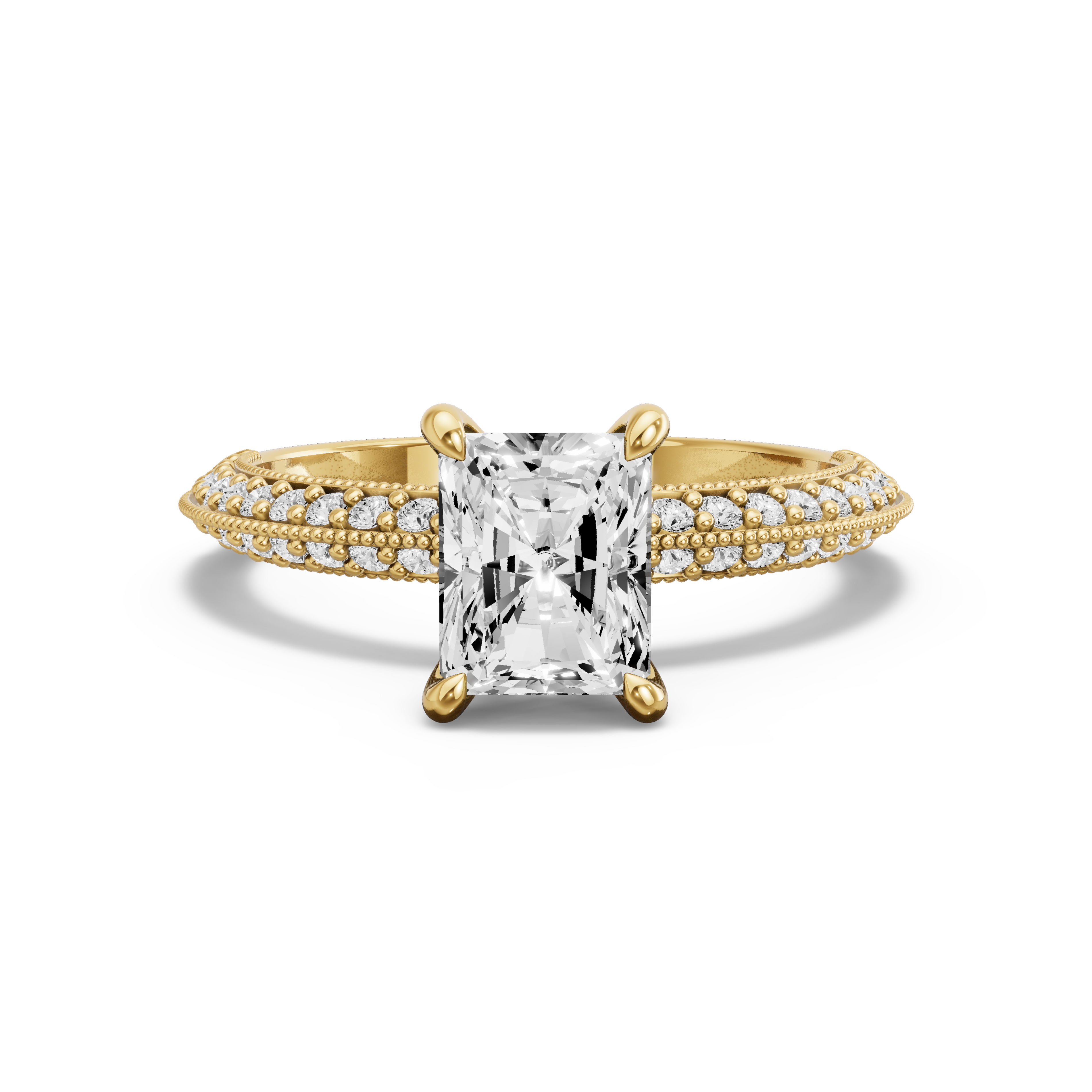 Image for Radiant Four Prong Ring with Knife Edge Pave band in 18K Yellow Gold