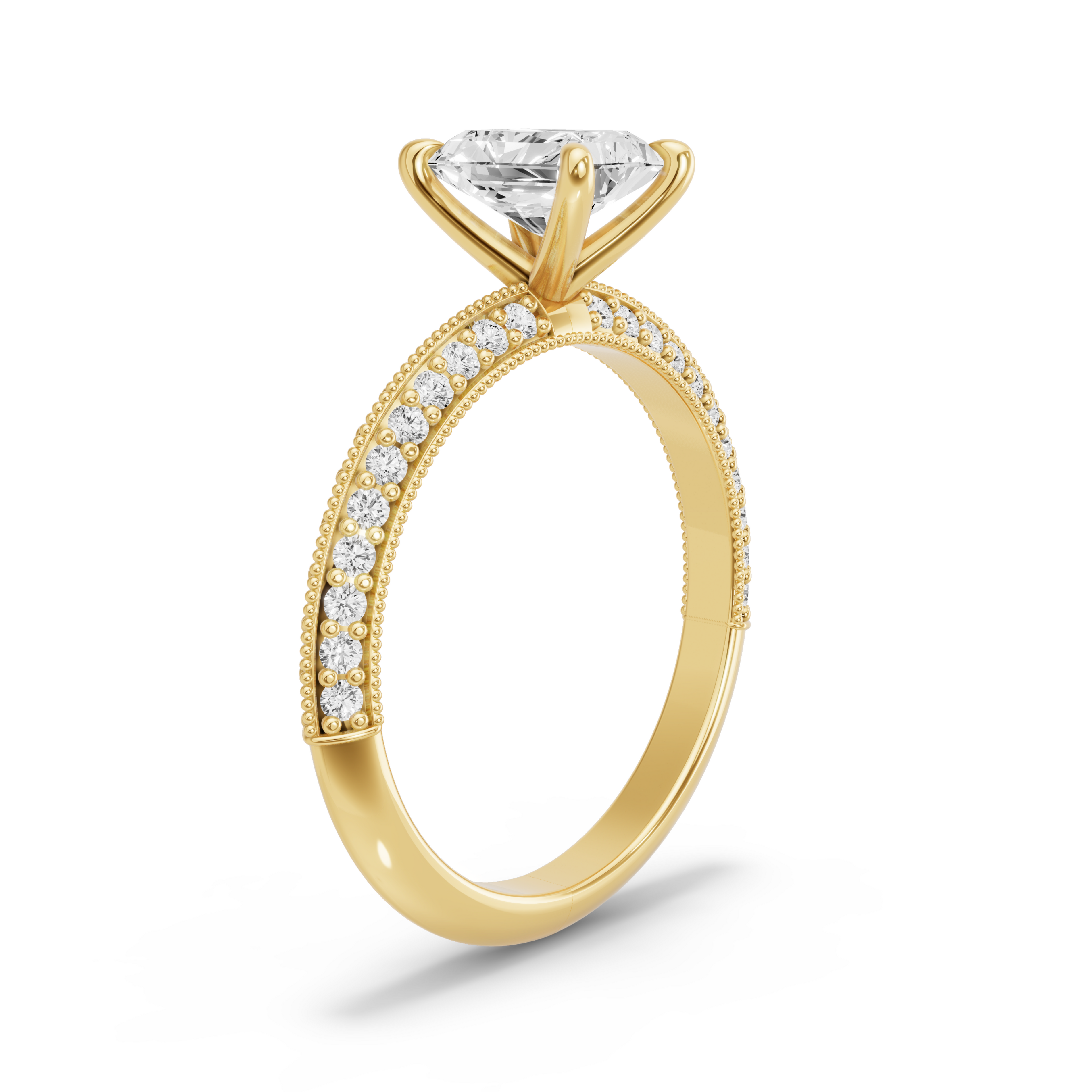Image for Radiant Four Prong Ring with Knife Edge Pave band in 14K Yellow Gold