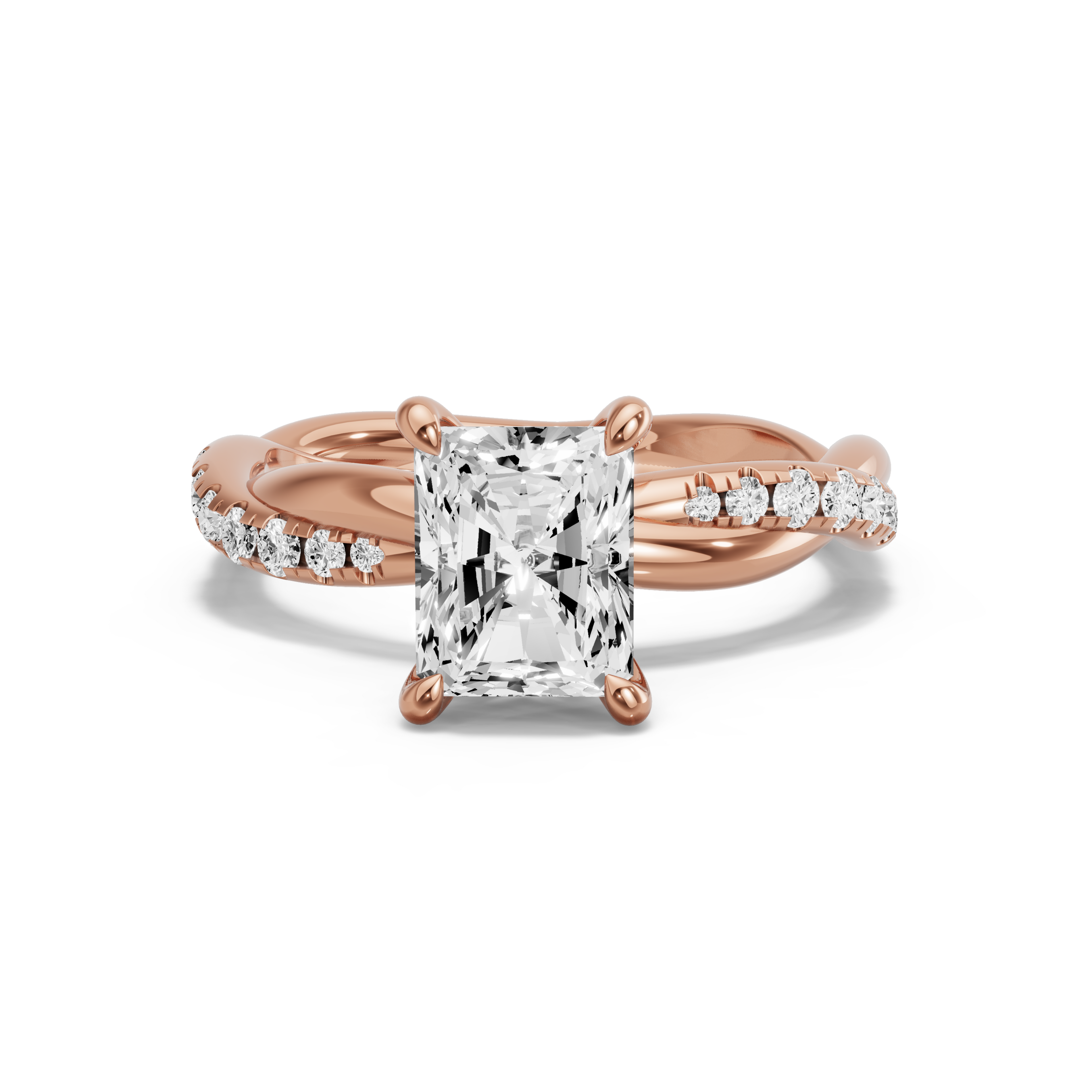Image for Radiant Four Prong Ring with Rope Pave band in 18K Rose Gold