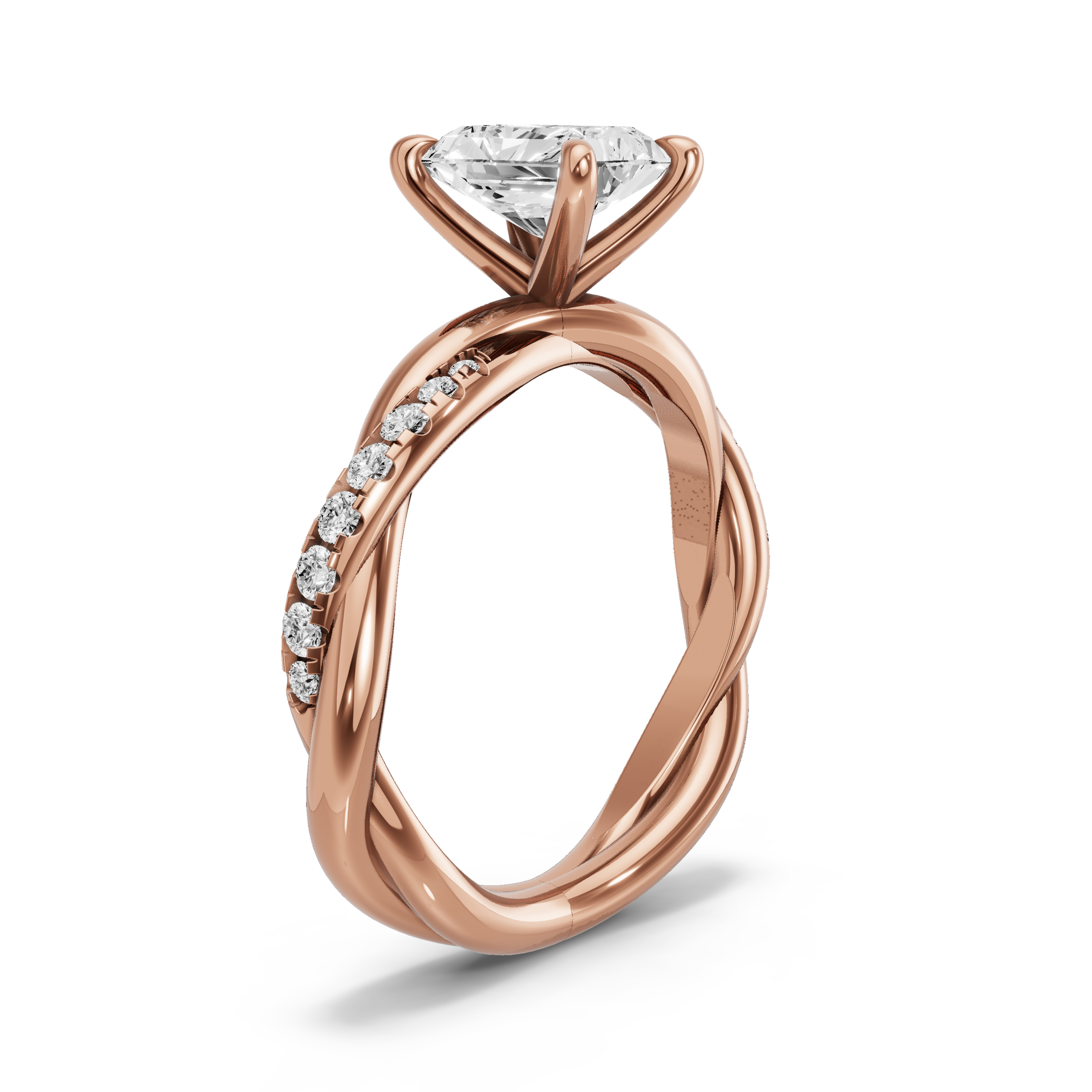 Image for Radiant Four Prong Ring with Rope Pave band in 18K Rose Gold