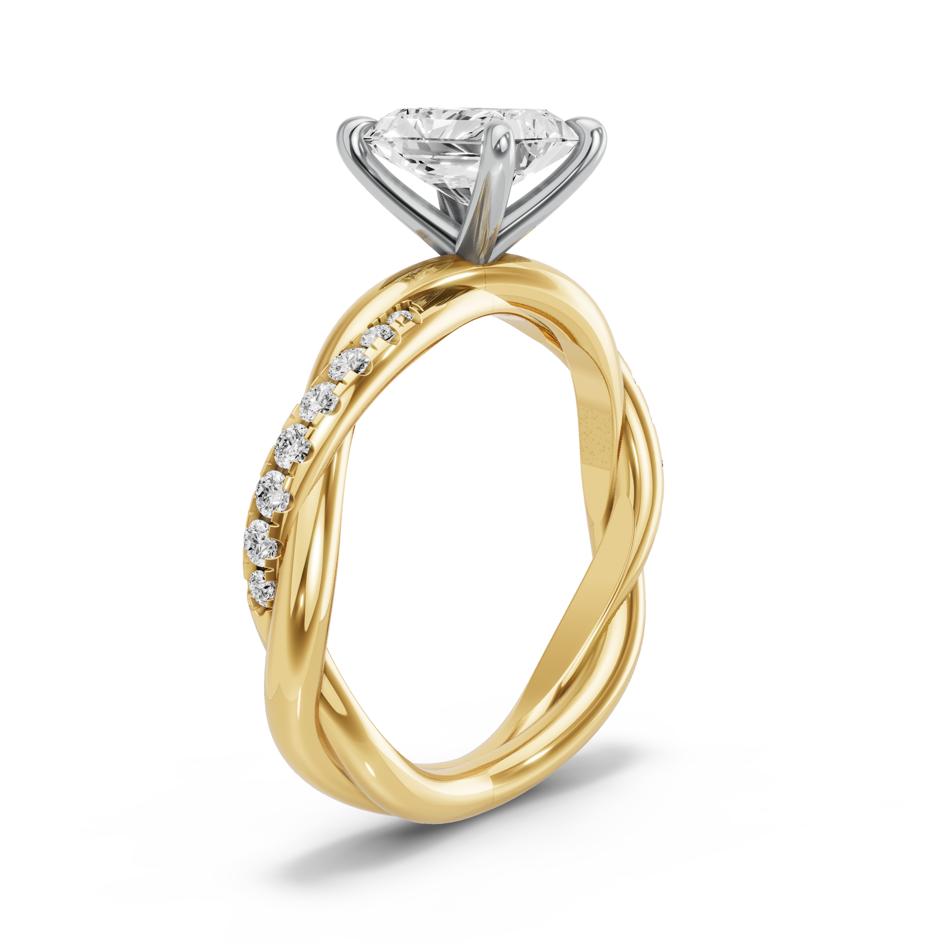 Image for Radiant Four Prong Ring with Rope Pave band in 14K Two Tone Yellow Gold