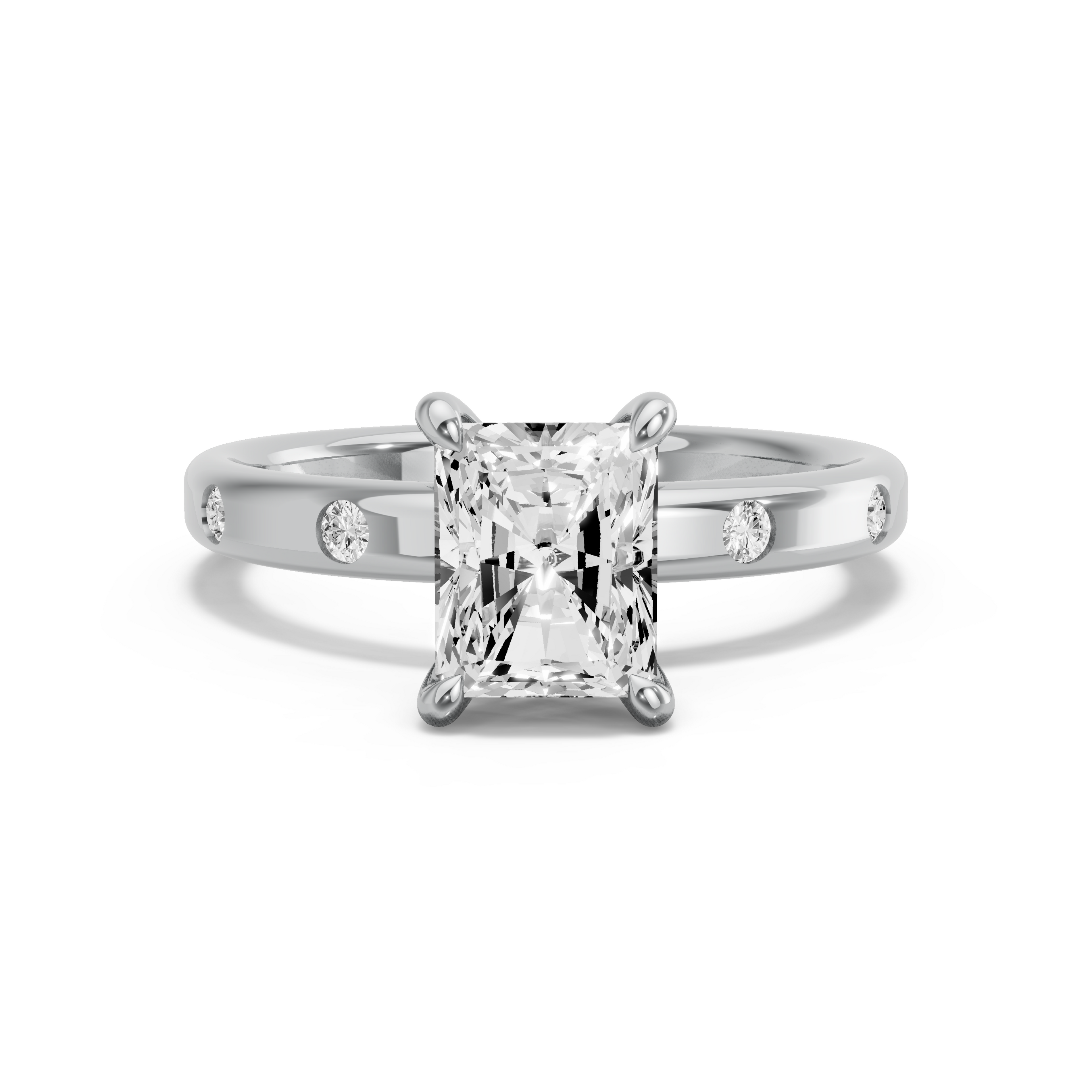 Image for Radiant Four Prong Ring with Sleek Accent band in 18K White Gold