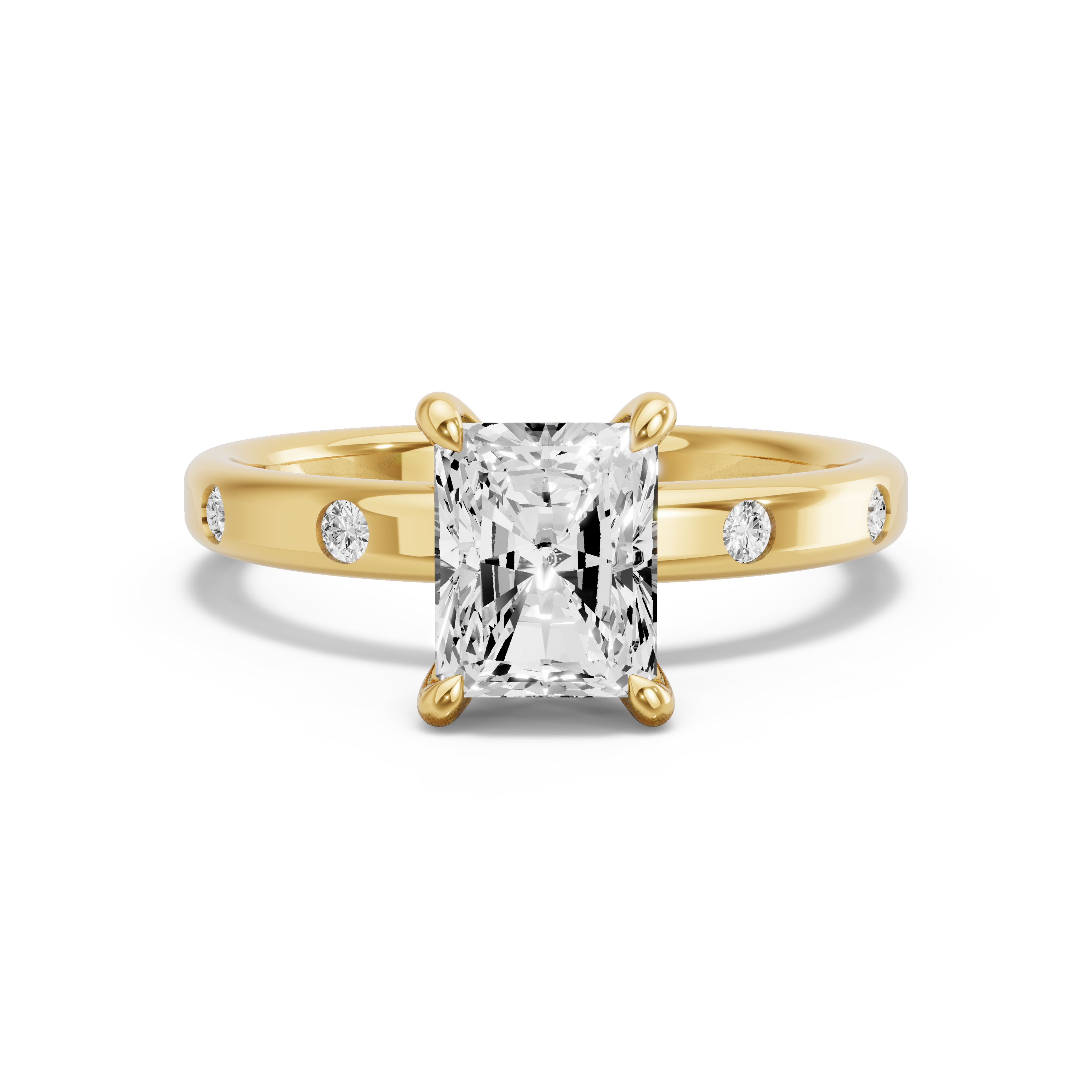 Image for Radiant Four Prong Ring with Sleek Accent band in 14K Yellow Gold