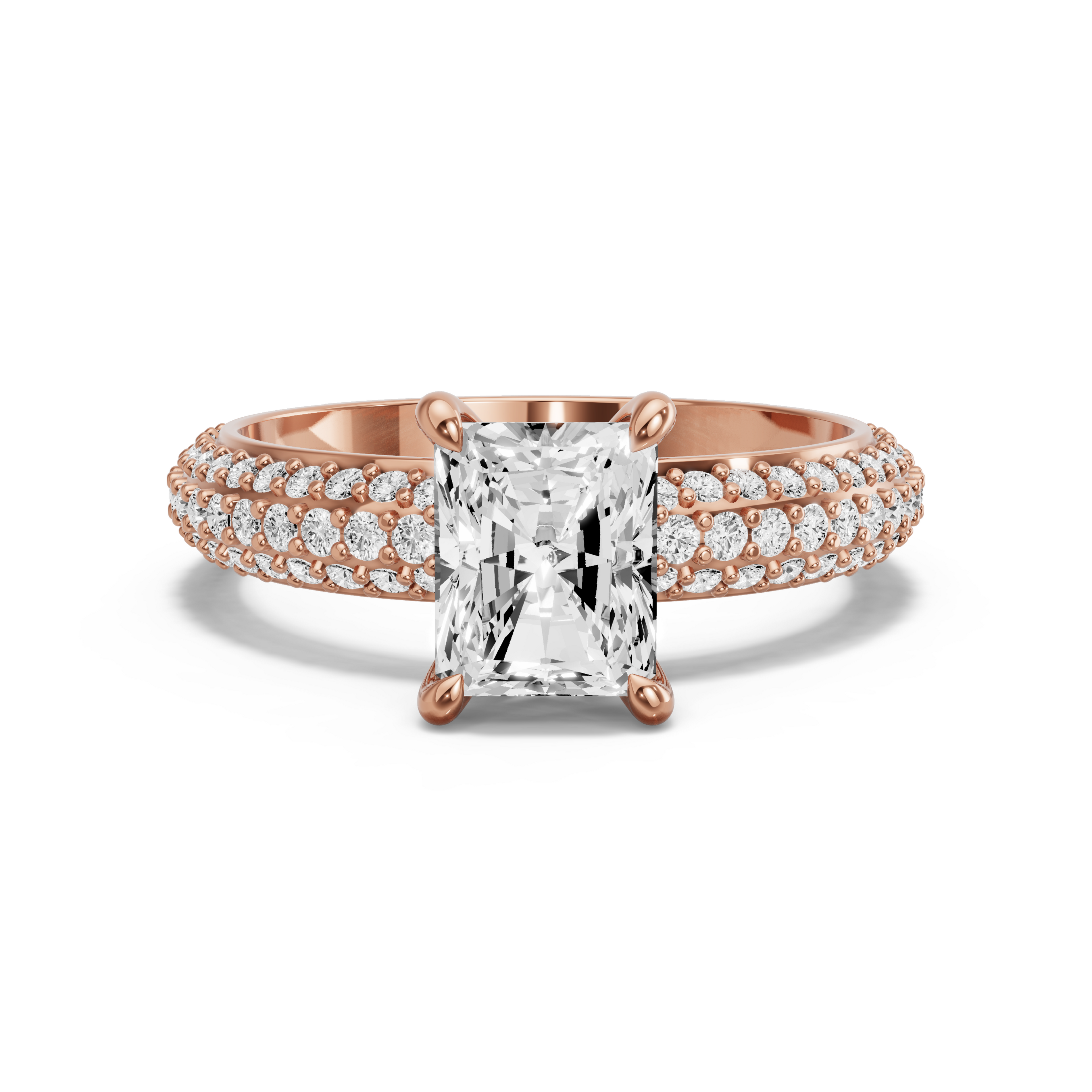 Image for Radiant Four Prong Ring with Triple Row Pave band in 14K Rose Gold