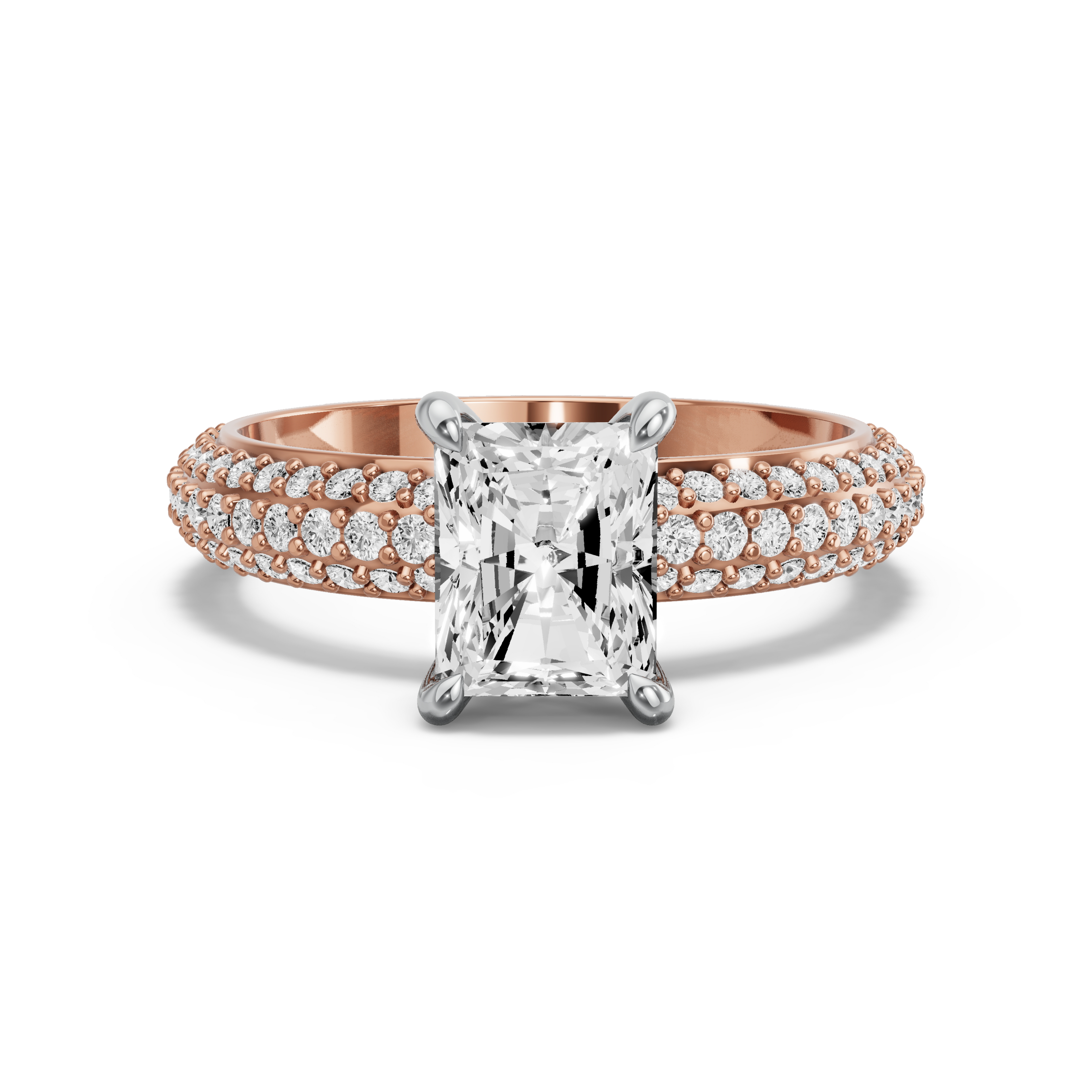 Image for Radiant Four Prong Ring with Triple Row Pave band in 14K Two Tone Rose Gold
