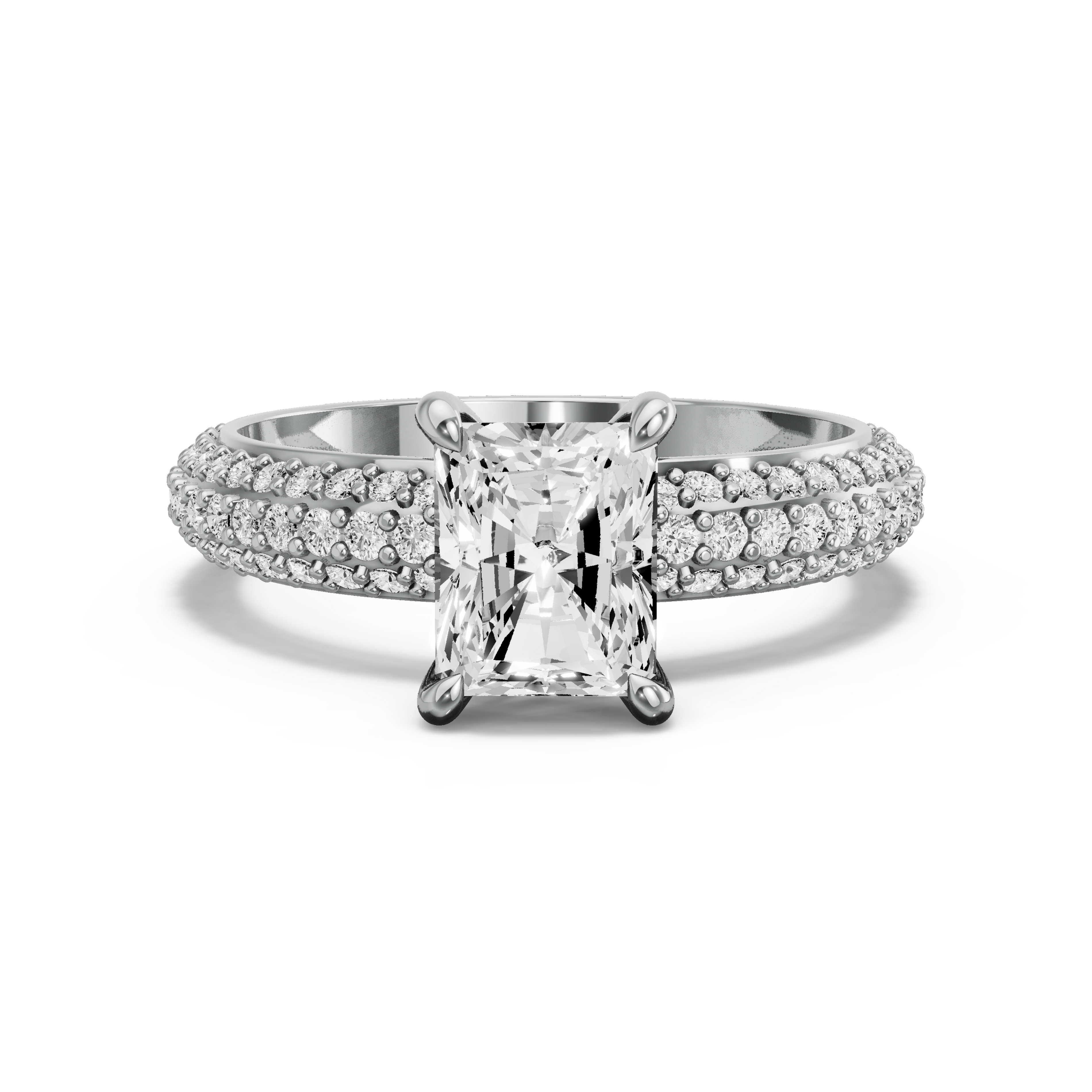 Image for Radiant Four Prong Ring with Triple Row Pave band in 10K White Gold