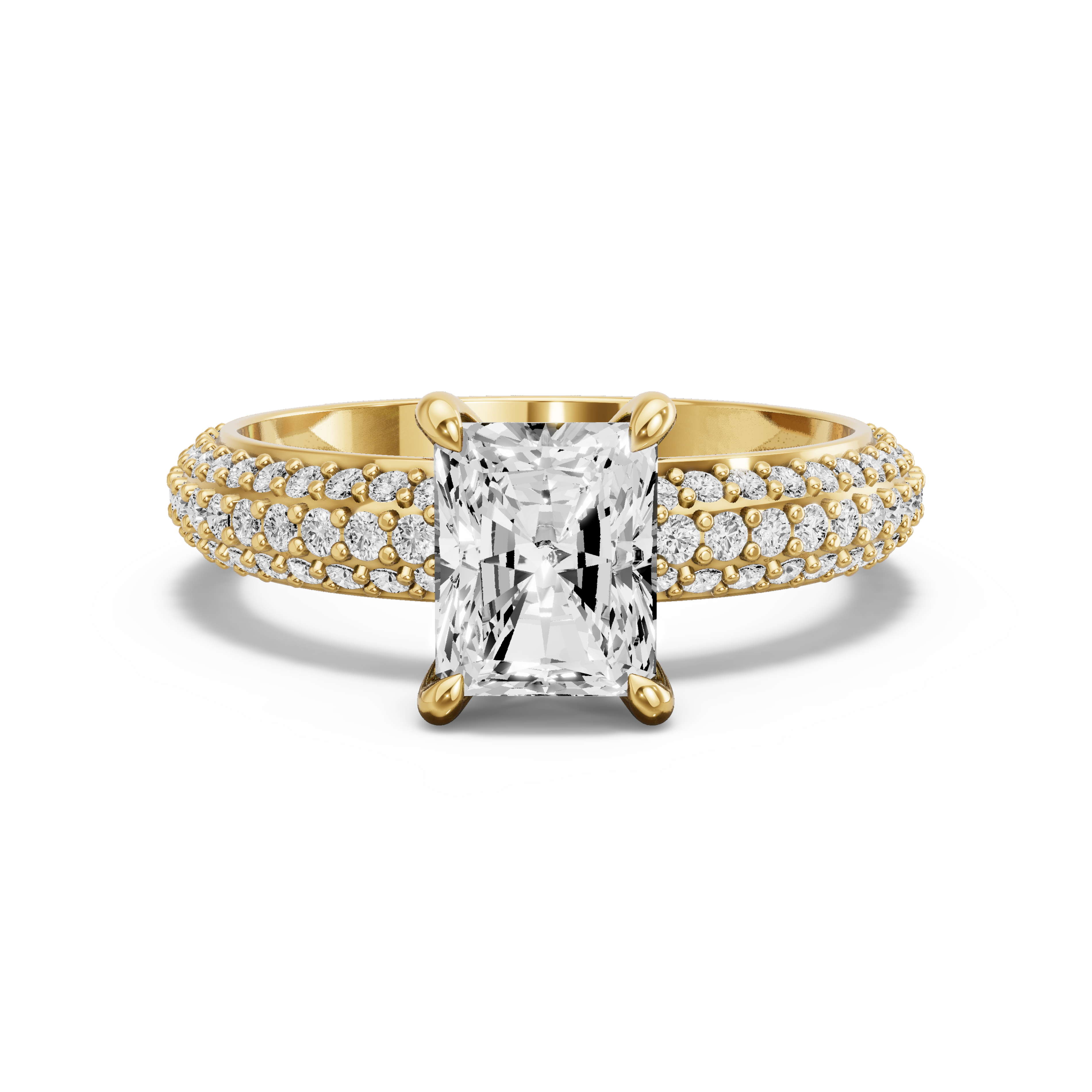 Image for Radiant Four Prong Ring with Triple Row Pave band in 14K Yellow Gold