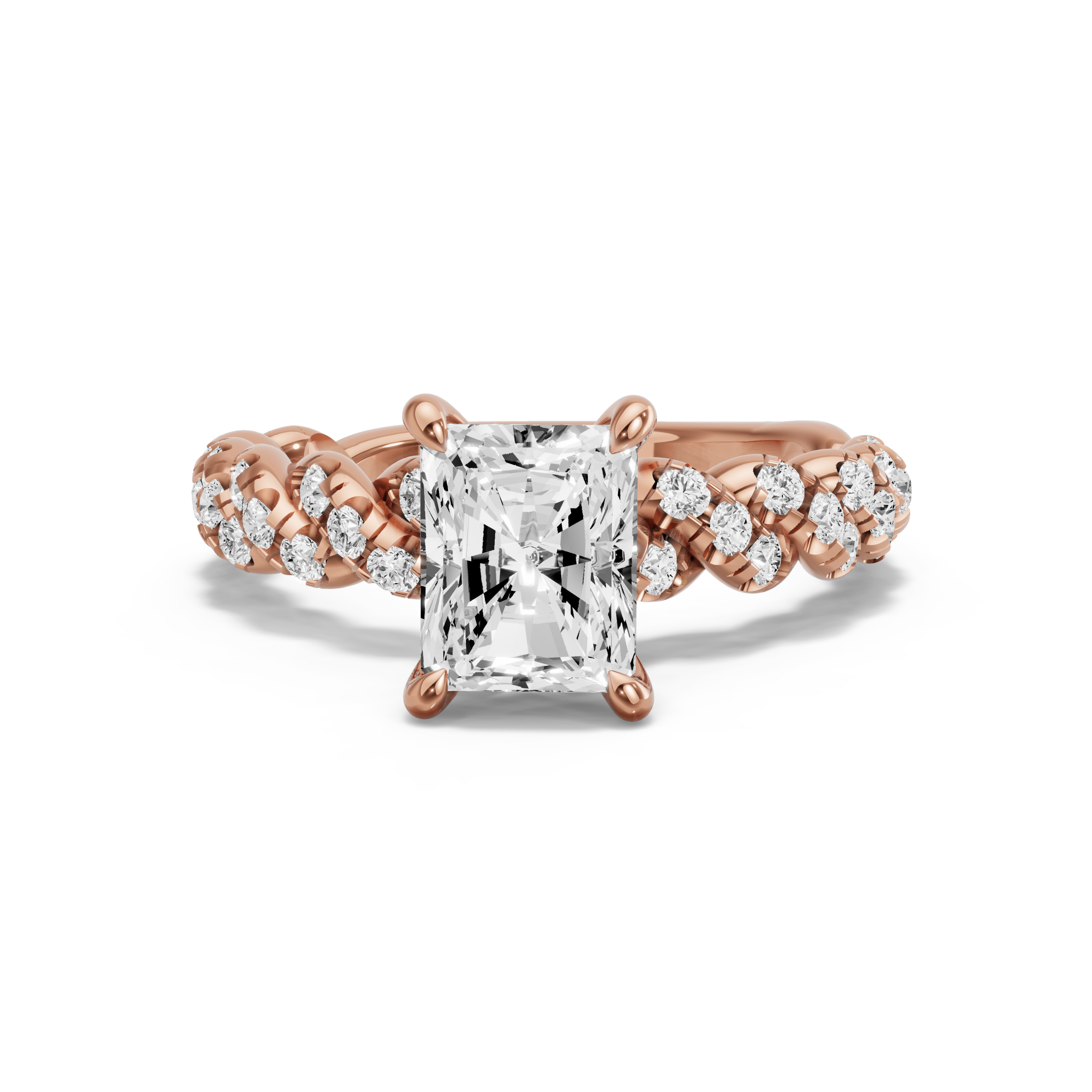 Image for Radiant Four Prong Ring with Twist Pave band in 14K Rose Gold