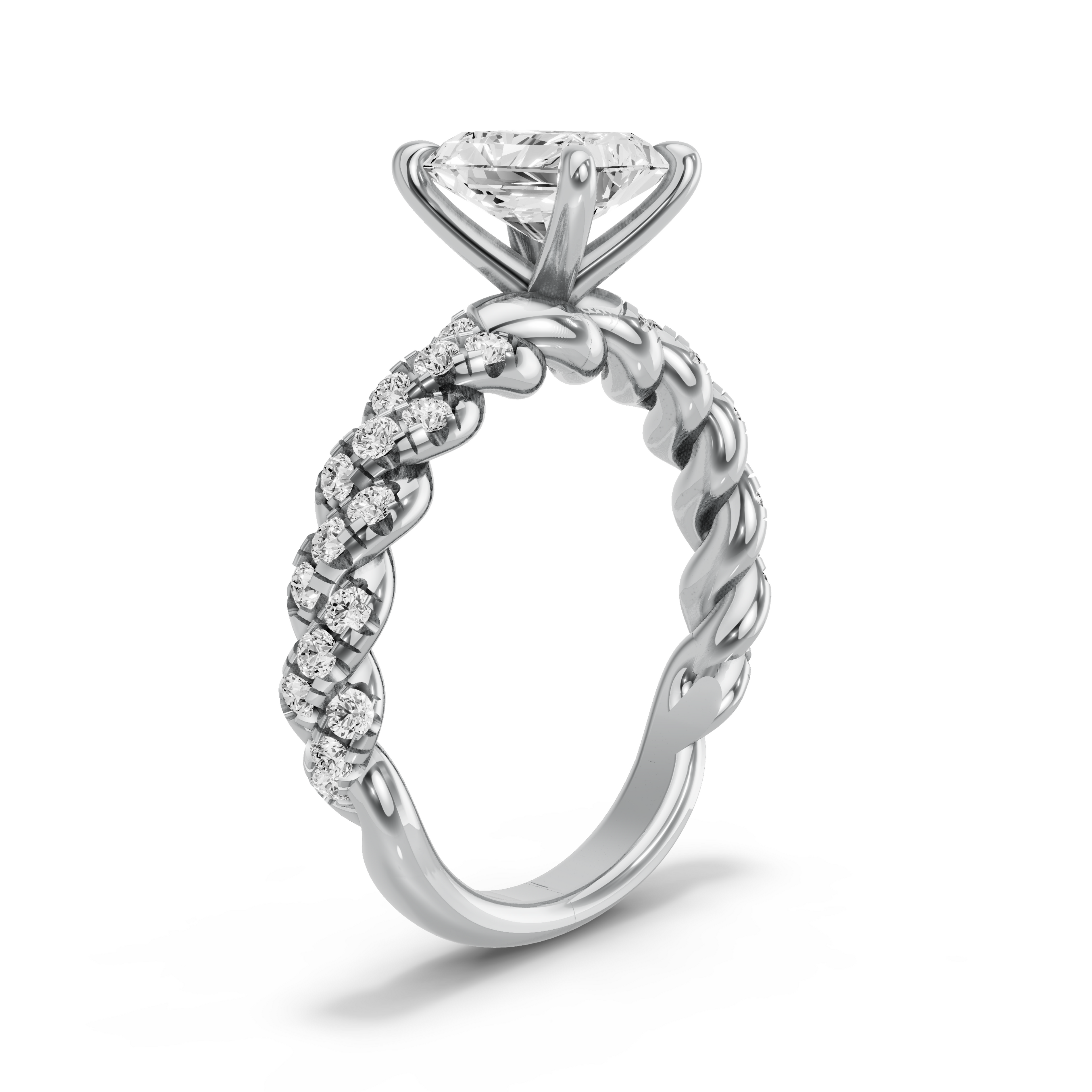 Image for Radiant Four Prong Ring with Twist Pave band in 18K White Gold