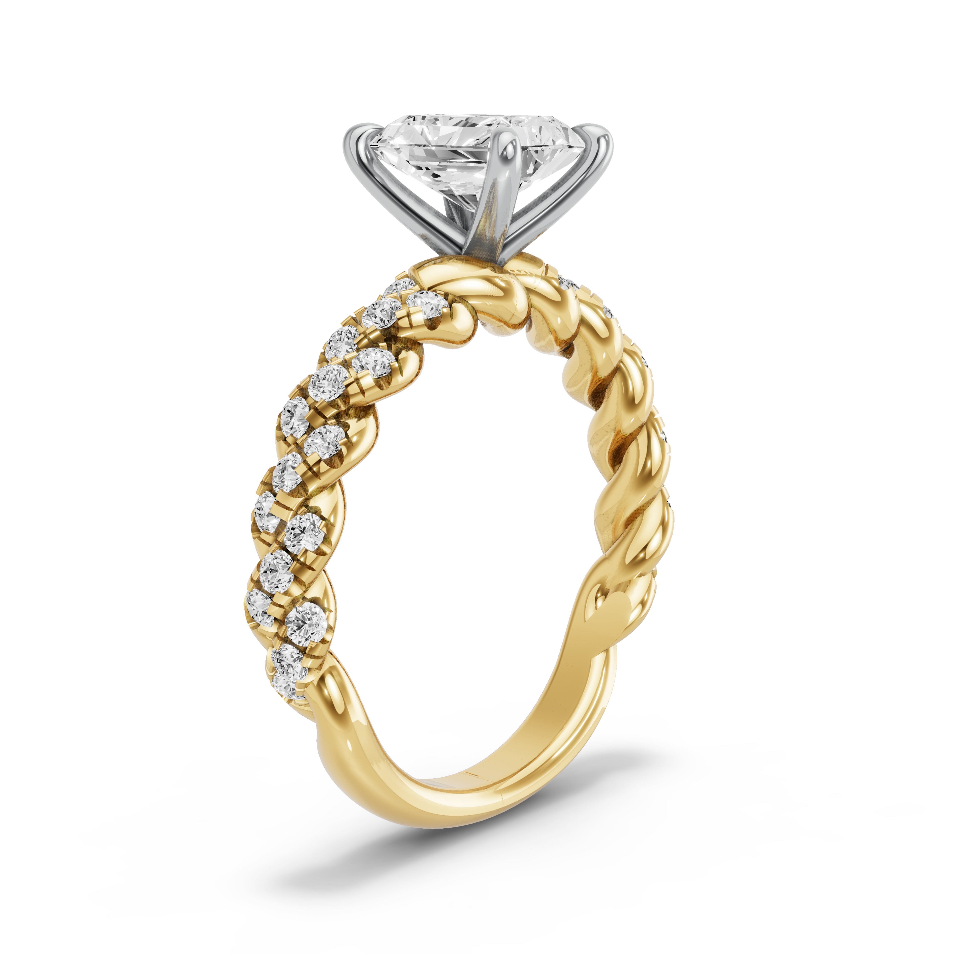 Image for Radiant Four Prong Ring with Twist Pave band in 14K Two Tone Yellow Gold