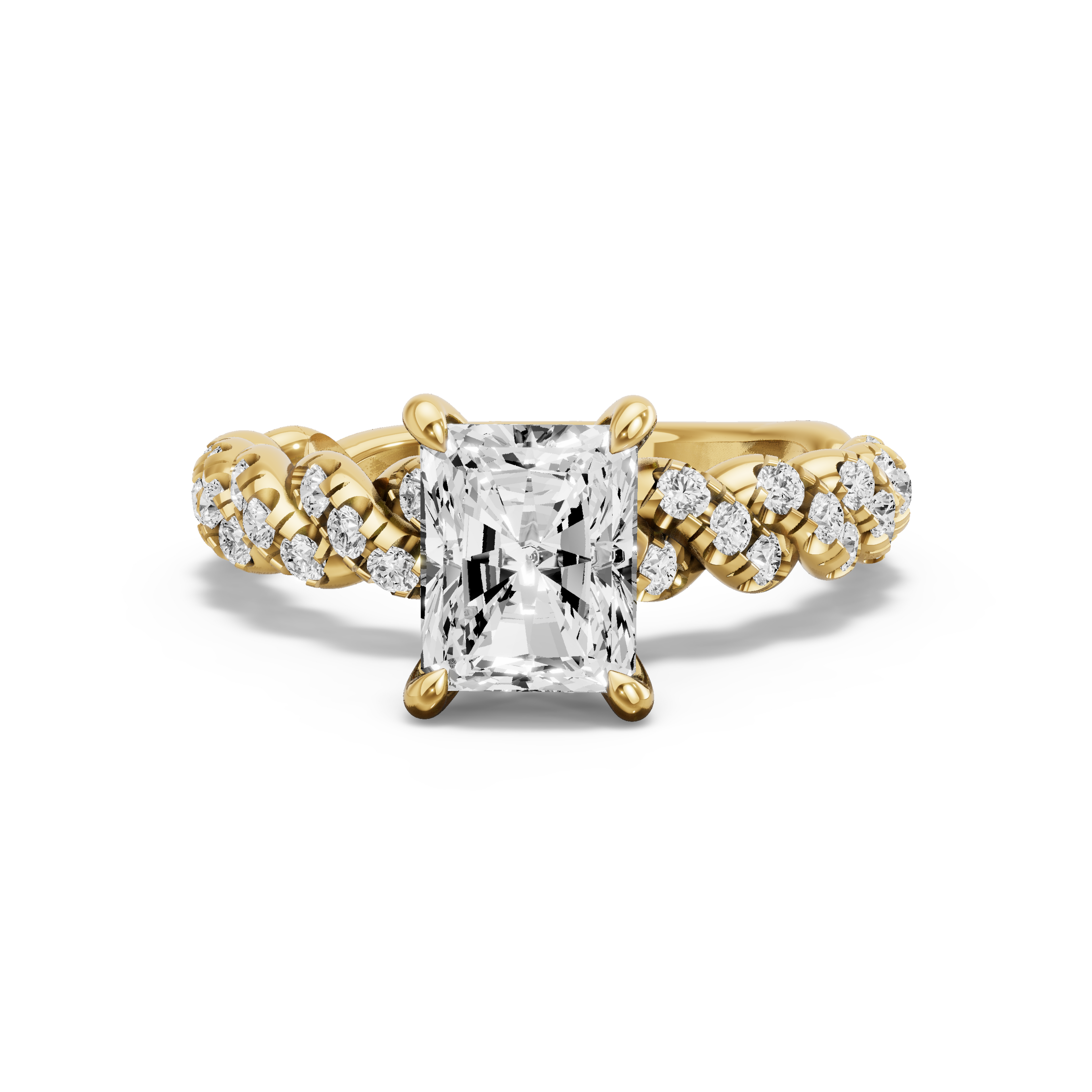Image for Radiant Four Prong Ring with Twist Pave band in 10K Yellow Gold