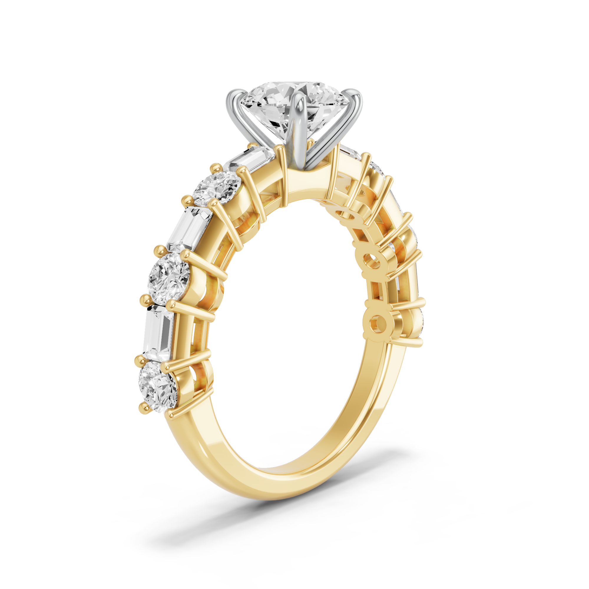 Image for Round Four Prong Ring with Alternating Baguette band in 10K Two Tone Yellow Gold