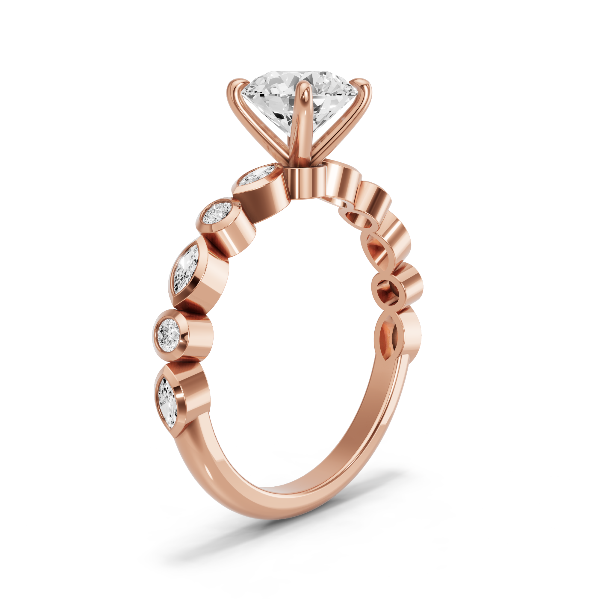 Image for Round Four Prong Ring with Alternating Marquise band