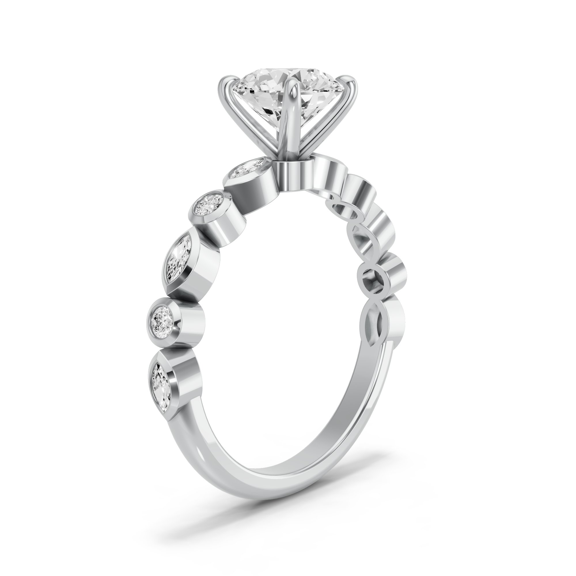 Image for Round Four Prong Ring with Alternating Marquise band