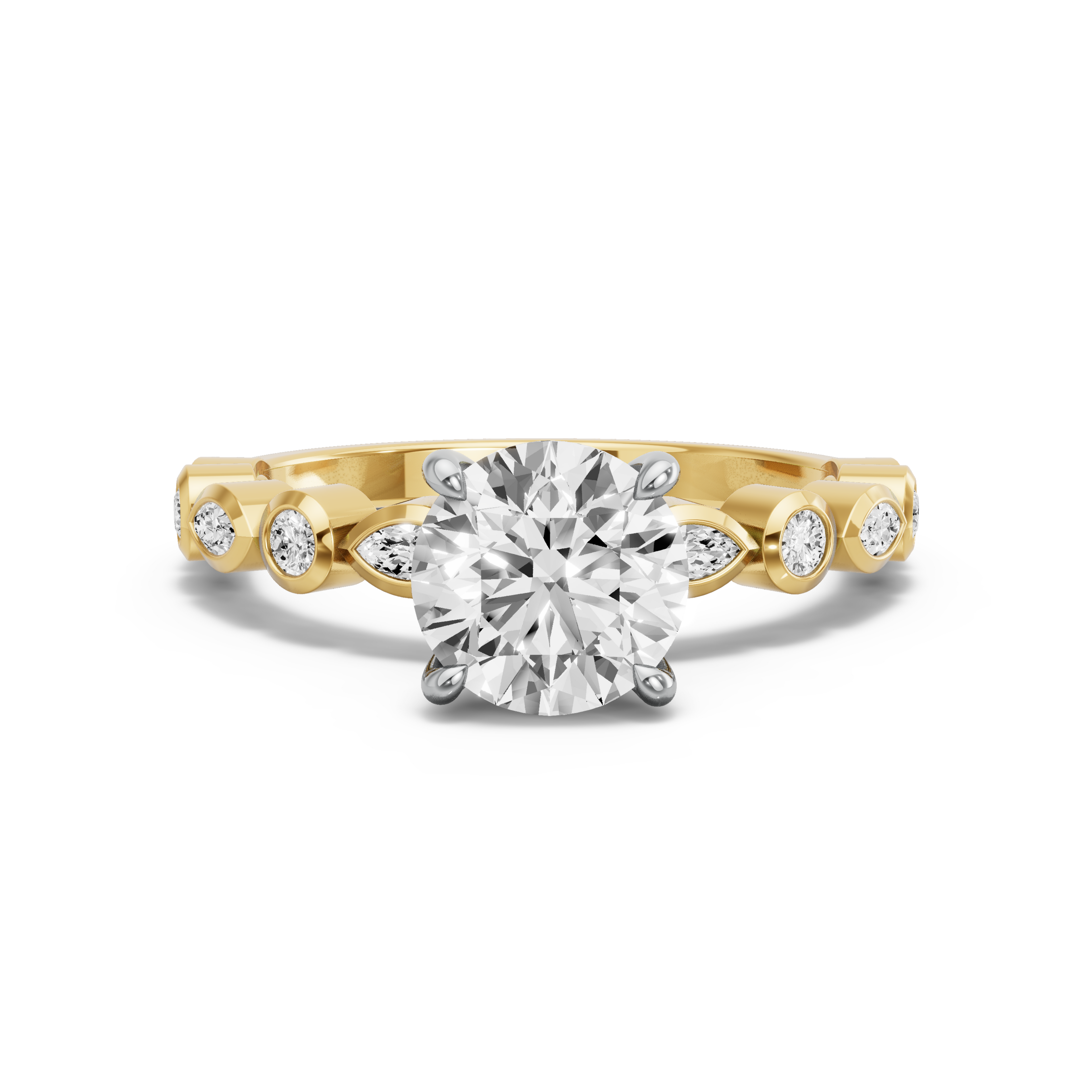 Image for Round Four Prong Ring with Alternating Marquise band in 14K Two Tone Yellow Gold