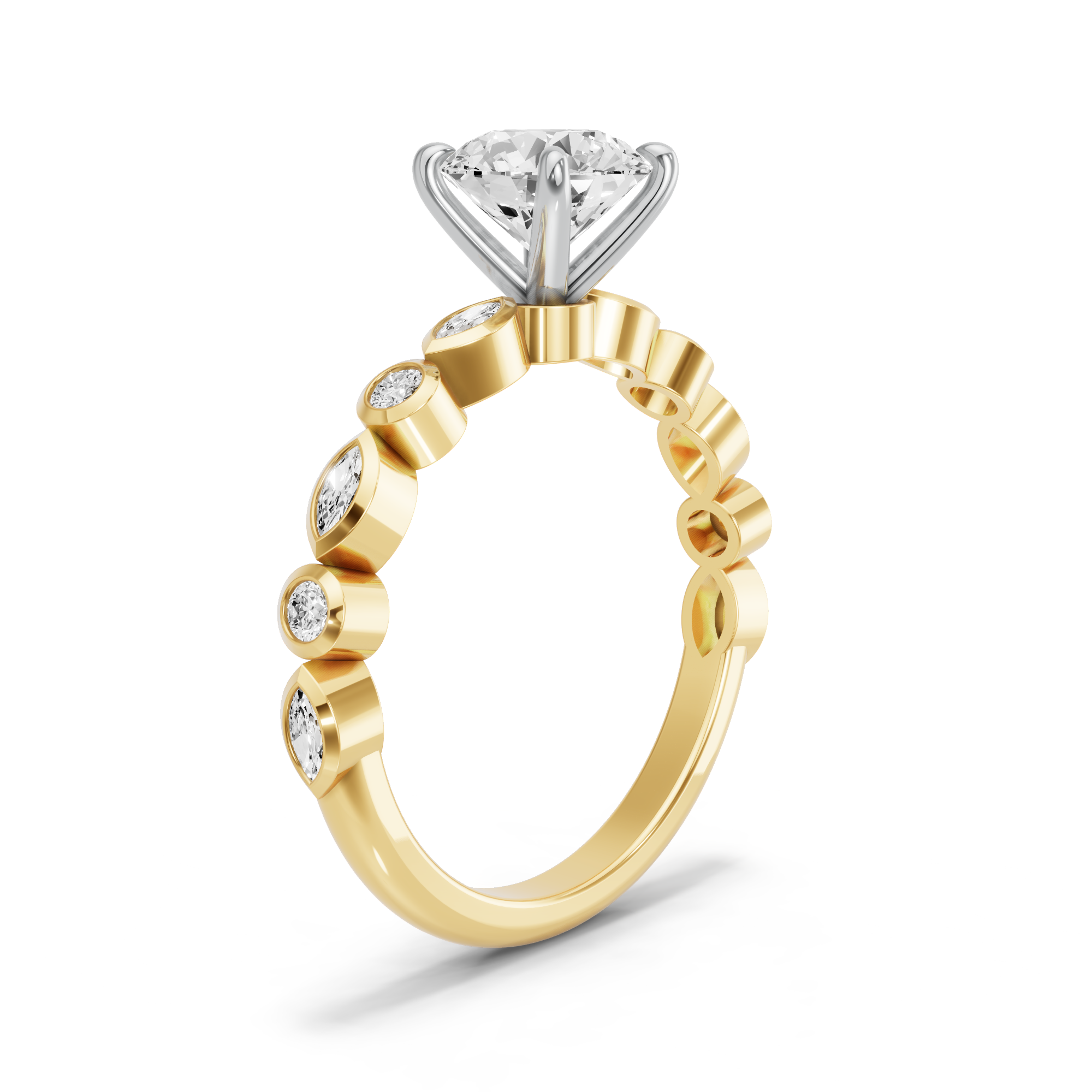 Image for Round Four Prong Ring with Alternating Marquise band in 18K Two Tone Yellow Gold