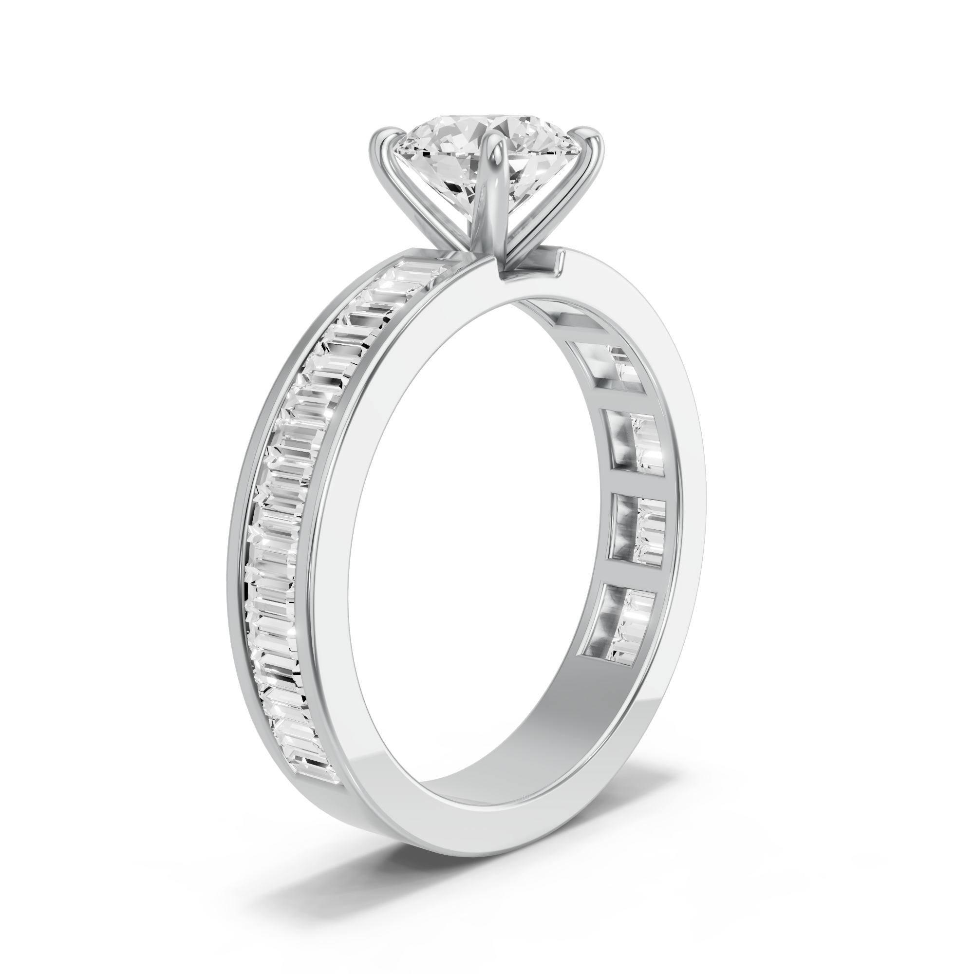 Image for Round Four Prong Ring with Baguette Channel band in 10K White Gold