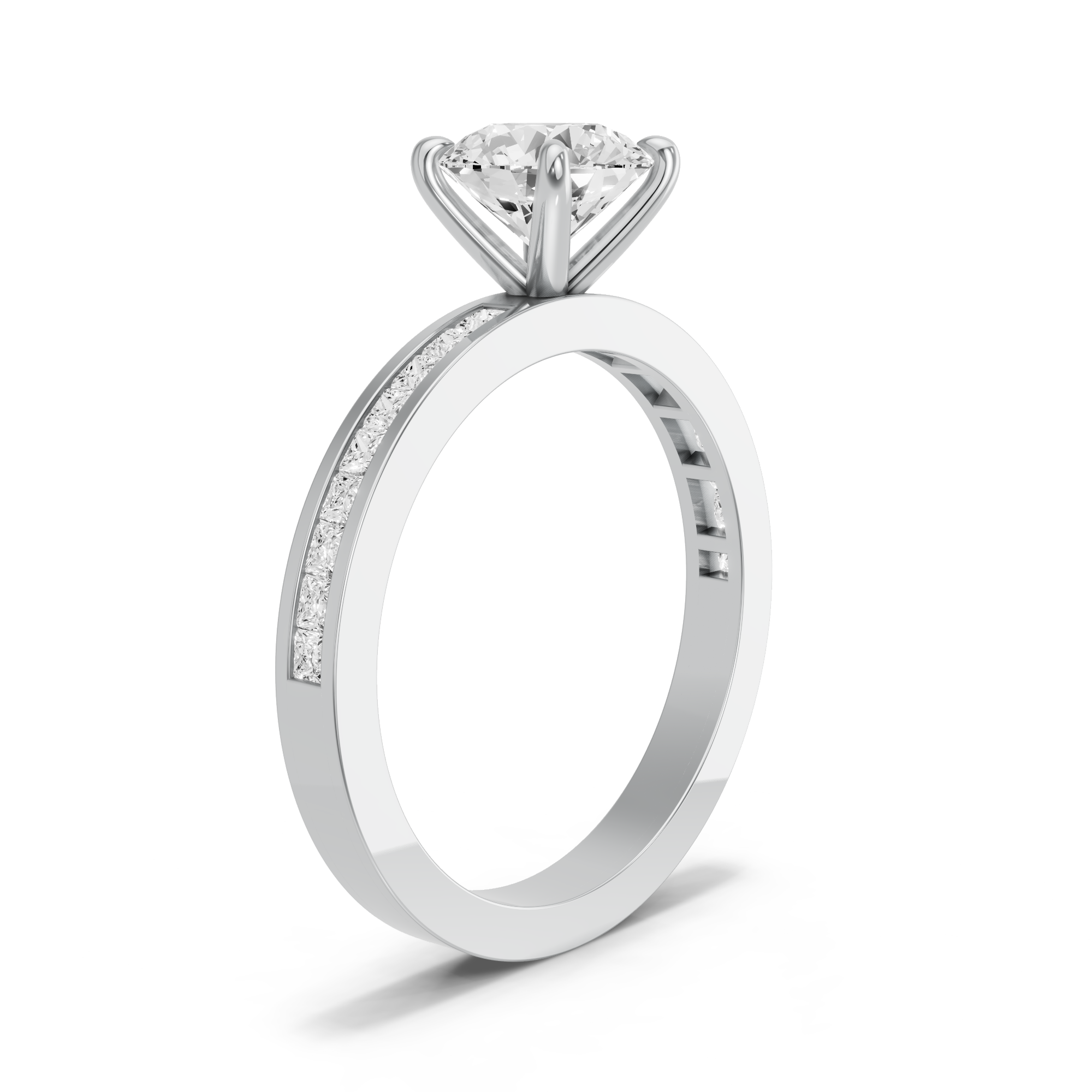 Image for Round Four Prong Ring with Channel band in 18K White Gold