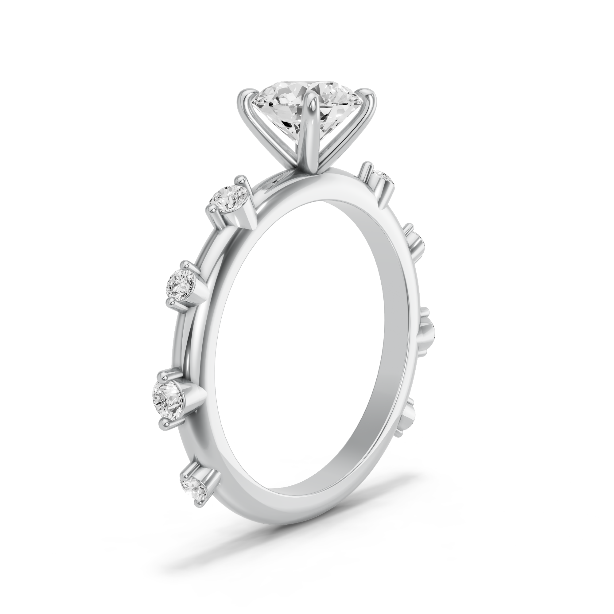 Image for Round Four Prong Ring with Floating Station band in 10K White Gold