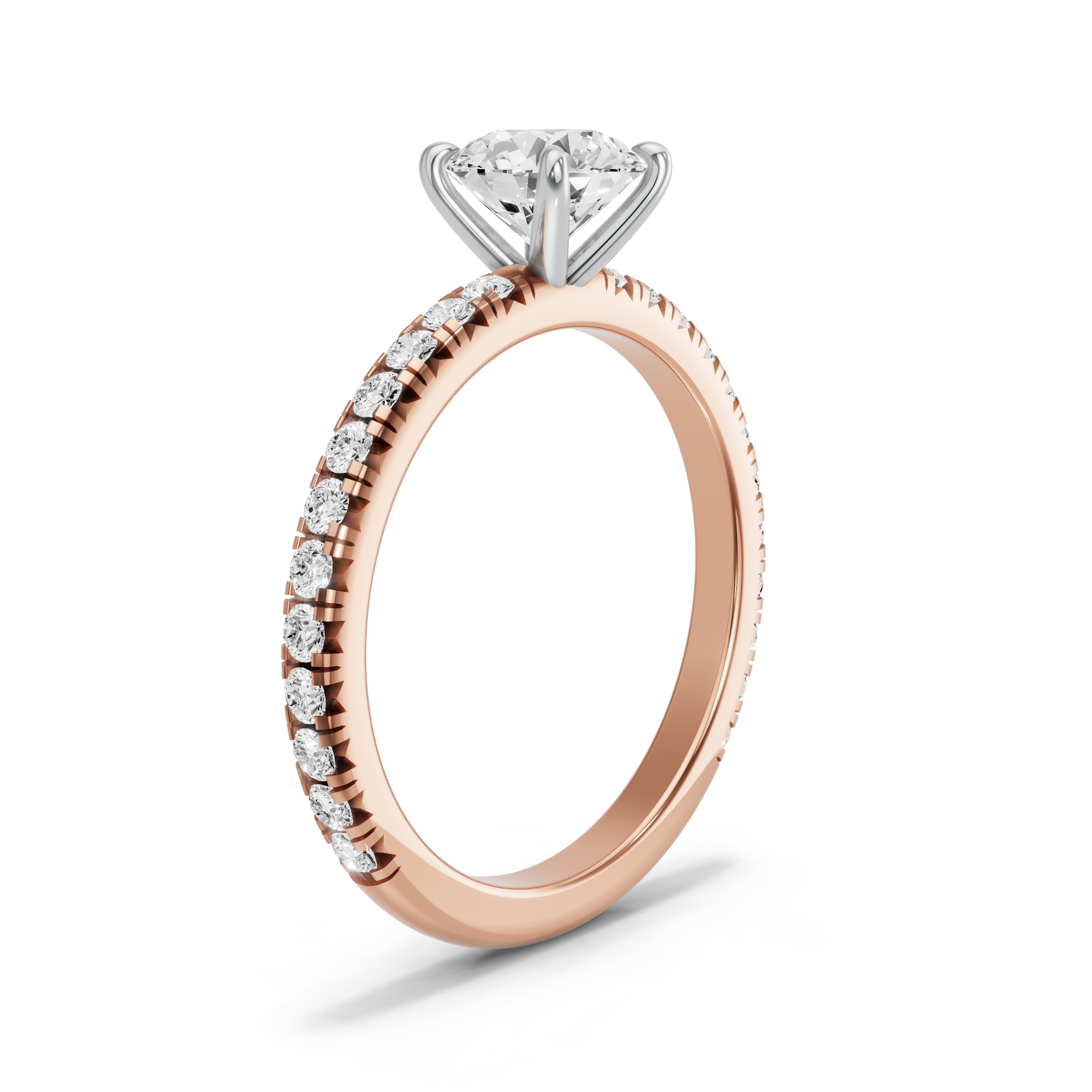 Image for Round Four Prong Ring with French Pave band in 18K Two Tone Rose Gold