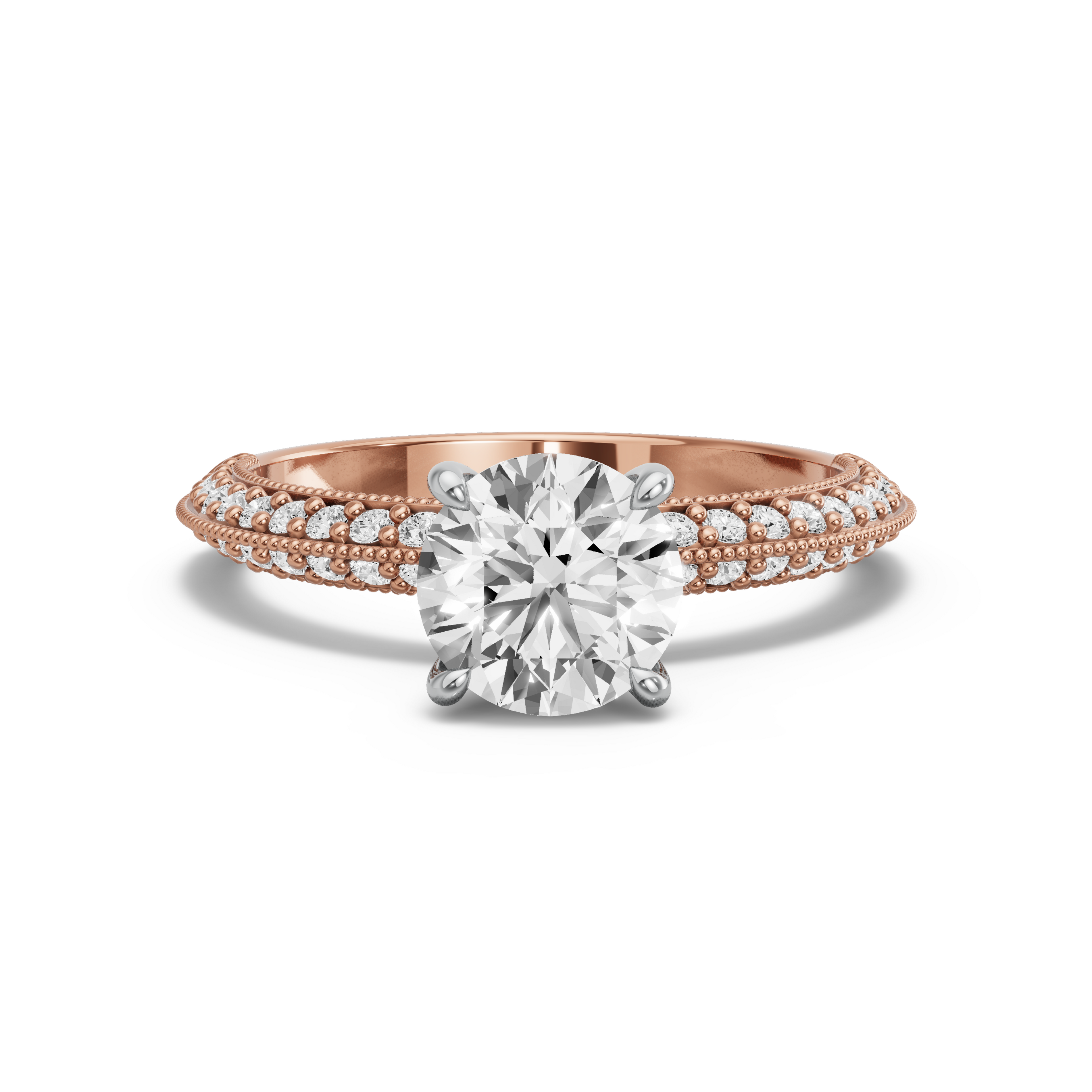 Image for Round Four Prong Ring with Knife Edge Pave band in 14K Two Tone Rose Gold